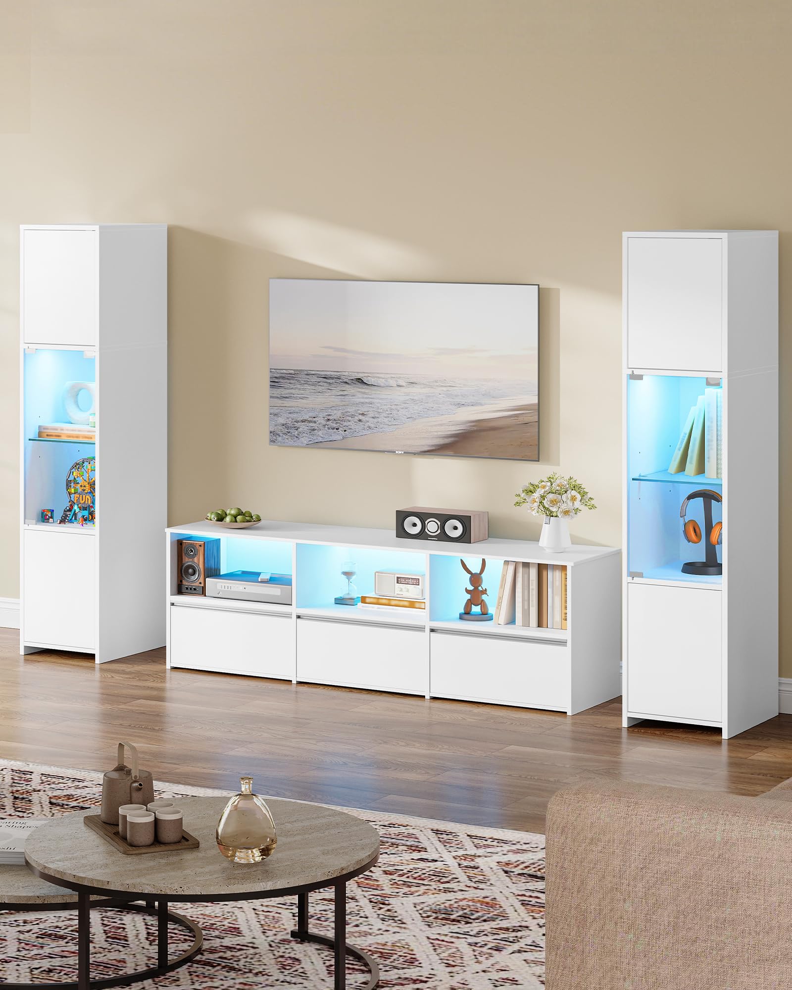 Hzuaneri Wohnwand, Weiß 3 Teiliges TV Möbel Set, mit LED Beleuchtung