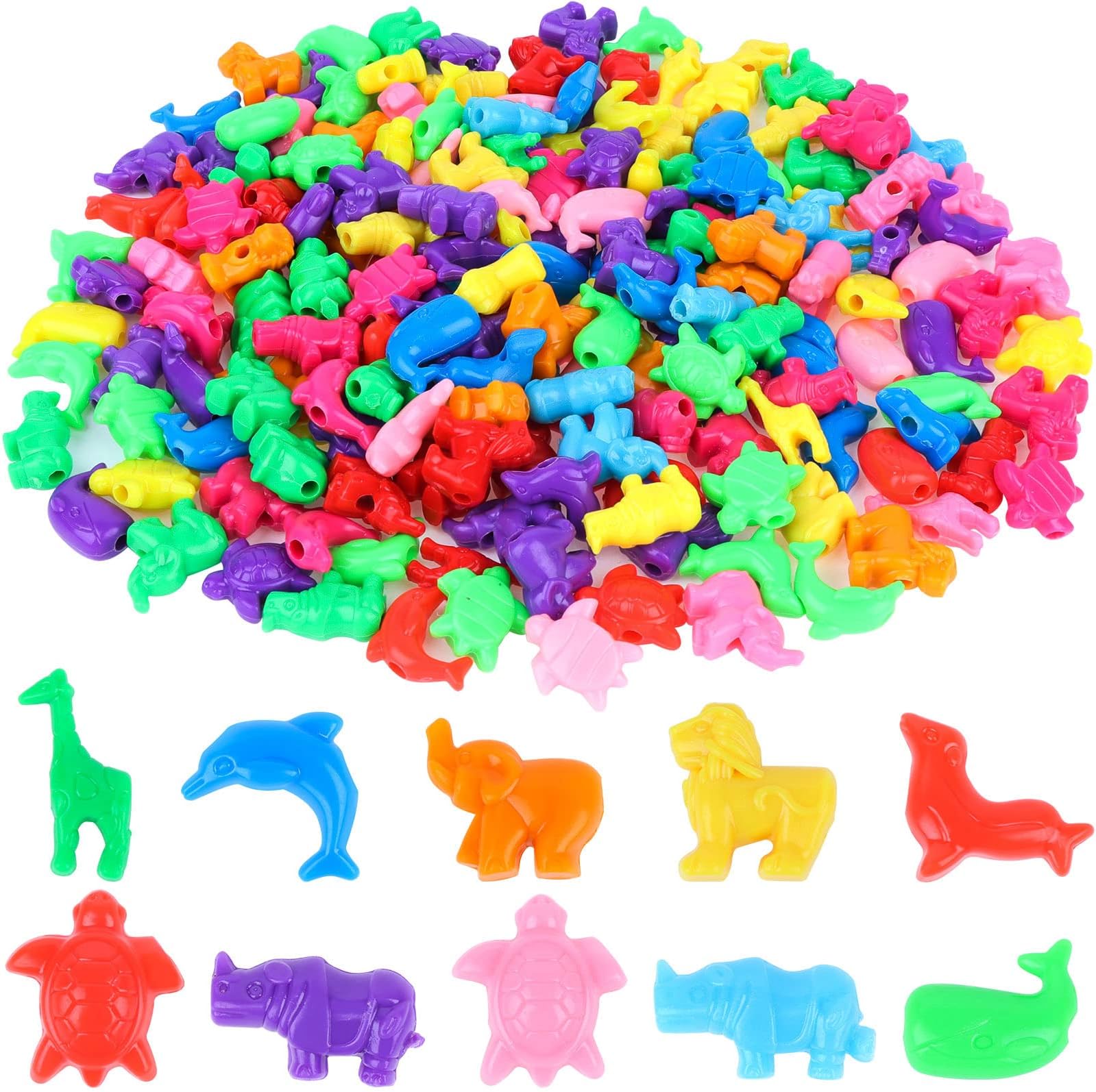 200 Pcs Mixed Animal Shaped Beads Colorful Marine and Jungle Animal Spacer Bead Zoo Plastic Beads Plastic Craft Bead for Crafts DIY Bracelets Necklaces Keychains Jewelry Making, 1 Inch