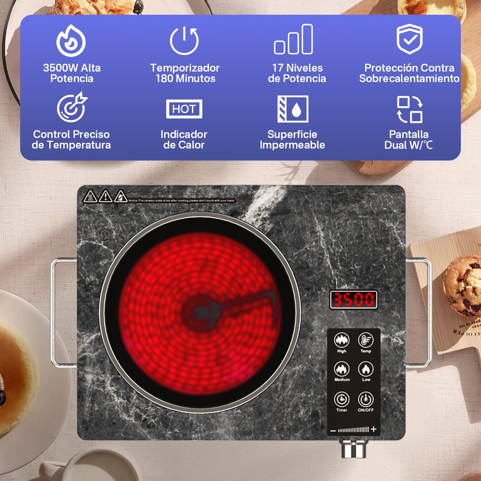 Placa Vitrocerámica Infrarroja 3500W | Cocina Eléctrica con Vidrio Microcristalino | Compatible con Todo Tipo de Sartenes | Funciones de Seguridad Integradas | Diseño Premium en Mármol