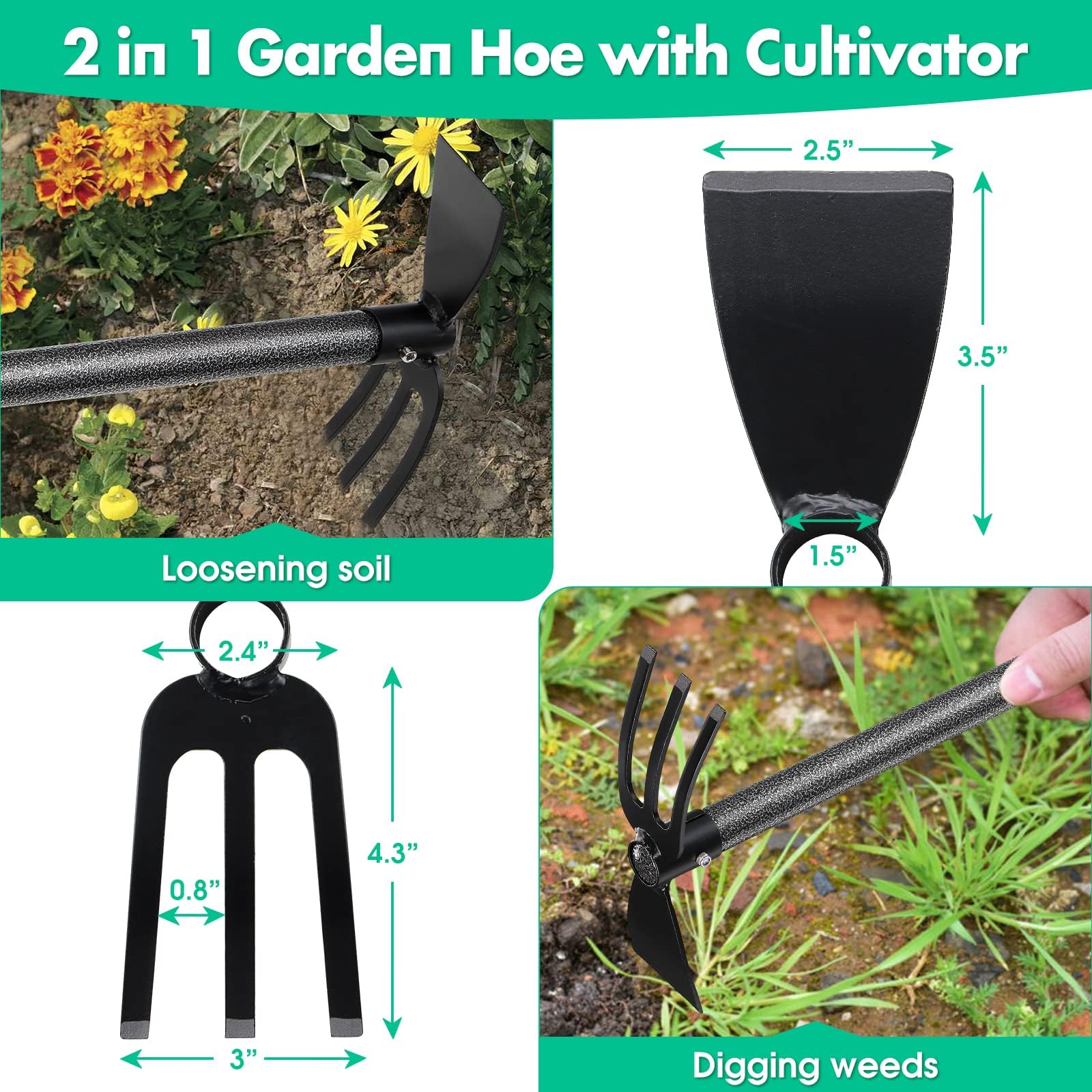 Zappa doppia da giardino, Zappetta da Giardino con Manico da 114 cm, Zappetta da Giardino con Tridente per Dissodare e Diserbare, Coltivatore Manuale da Giardino