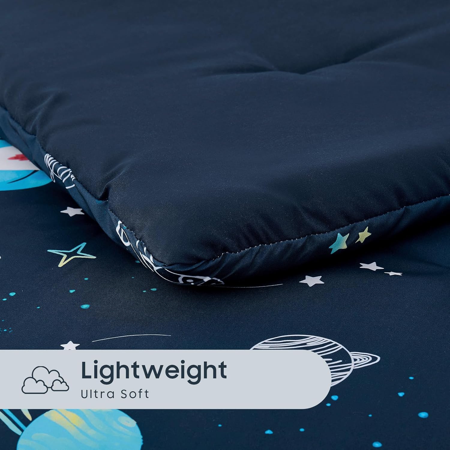 Wake In Cloud - Toddler Bedding Set for Boys, Space Rocket Planet Star, 4 Pieces Soft Crib Bed Set Including Comforter, Sheets and Pillowcase, Navy Blue