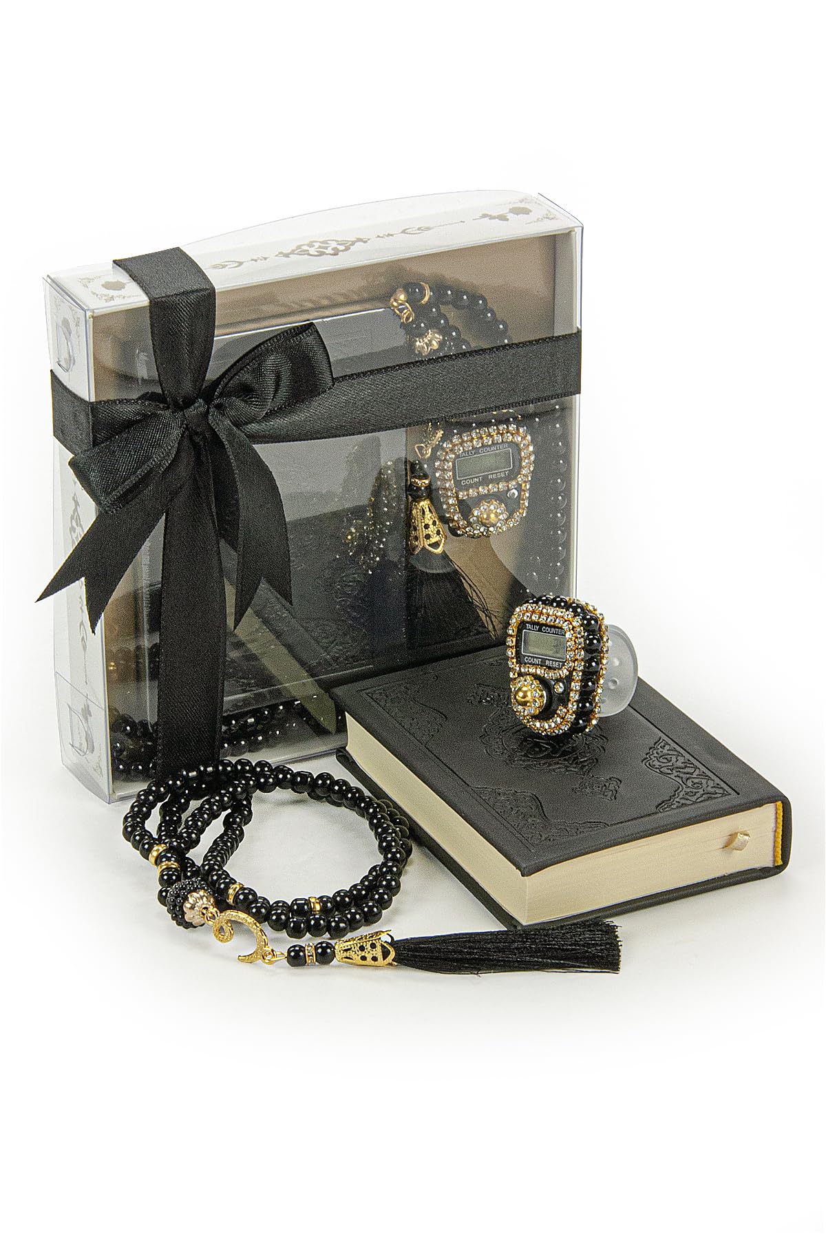 İhvan Online Medina Calligraphy Quran Set with Islamic Finger Counter, Portable Digital Prayer Tasbeeh, Pearl Zikirmatic Beads, 3 Pieces Gift for Ramadan & Eid & Mawlid (Black)