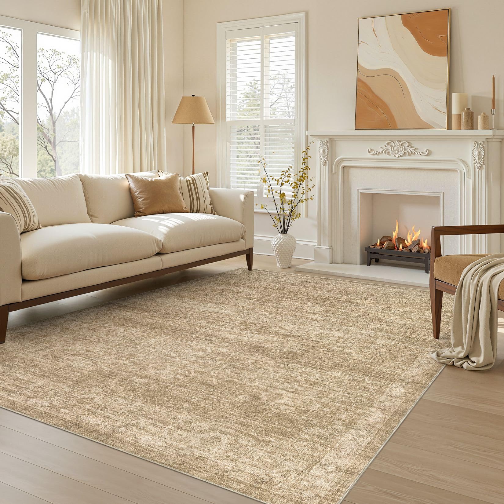 5x7 Area Rugs Living Room: Washable Large Vintage Beige Rug Neutral Non-Slip Soft Stain Resistant Indoor Carpet for Bedroom Nursery Dining Room Under Table Bed Home House Office Playroom — view 22
