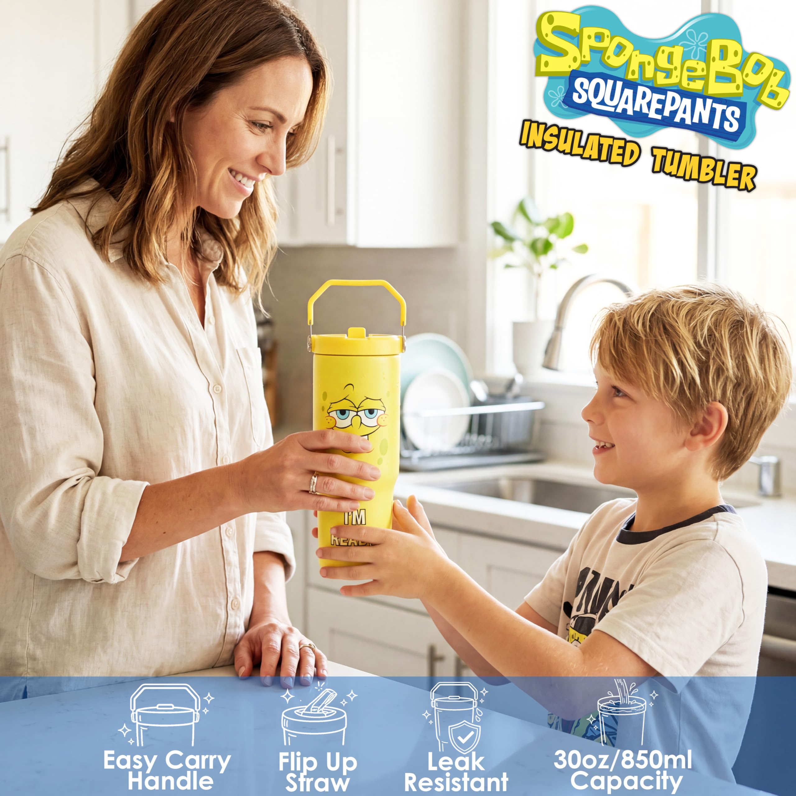 Get Trend SpongeBob Squarepants Tazza Termica con Manico e Cannuccia 850ml, Borraccia Termica Acciaio Inox Doppia Parete Senza BPA, Mantiene Freddo 12h e Caldo 5h (Giallo SpongeBob)