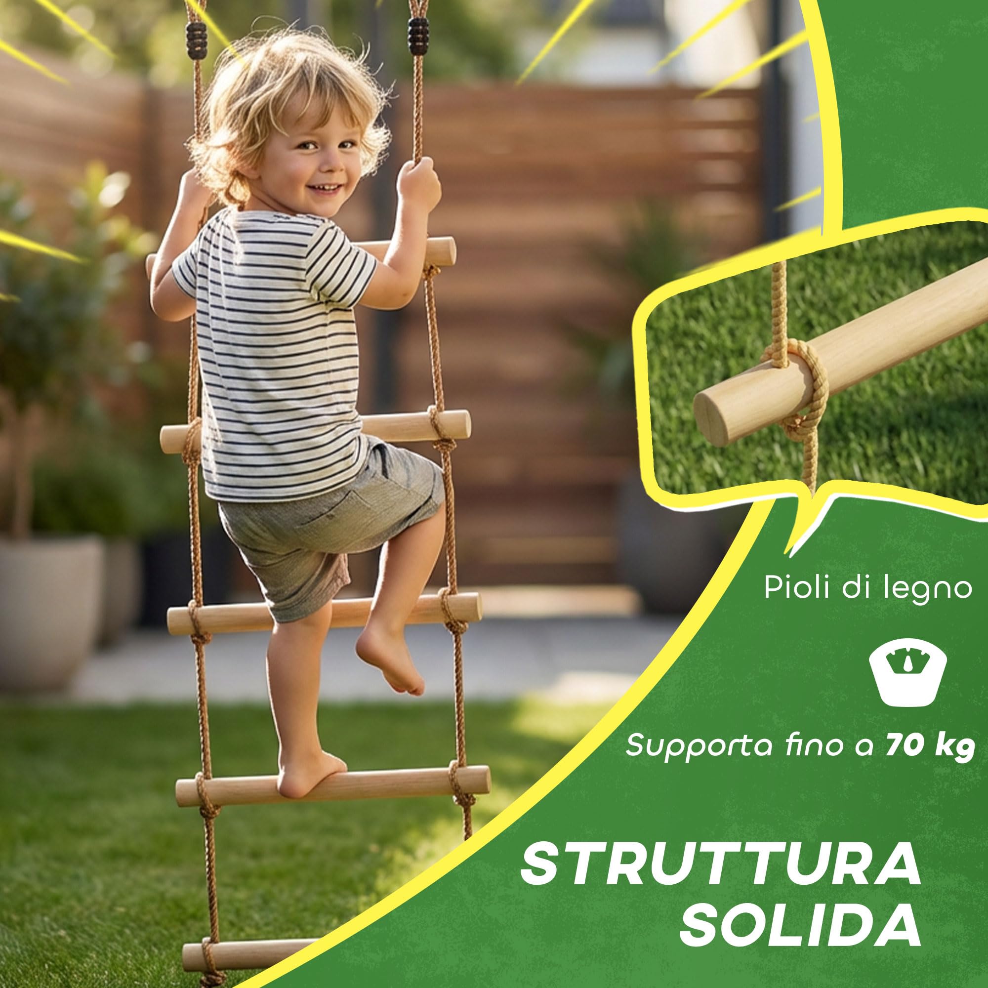 AIYAPLAY Scala di Corda 1.8m, Accessori per Altalene, Corda per Parco Giochi Esterno, Arrampicata a 5 Pioli per Bambini con 2 Moschettoni e 2 Cinghie per Alberi