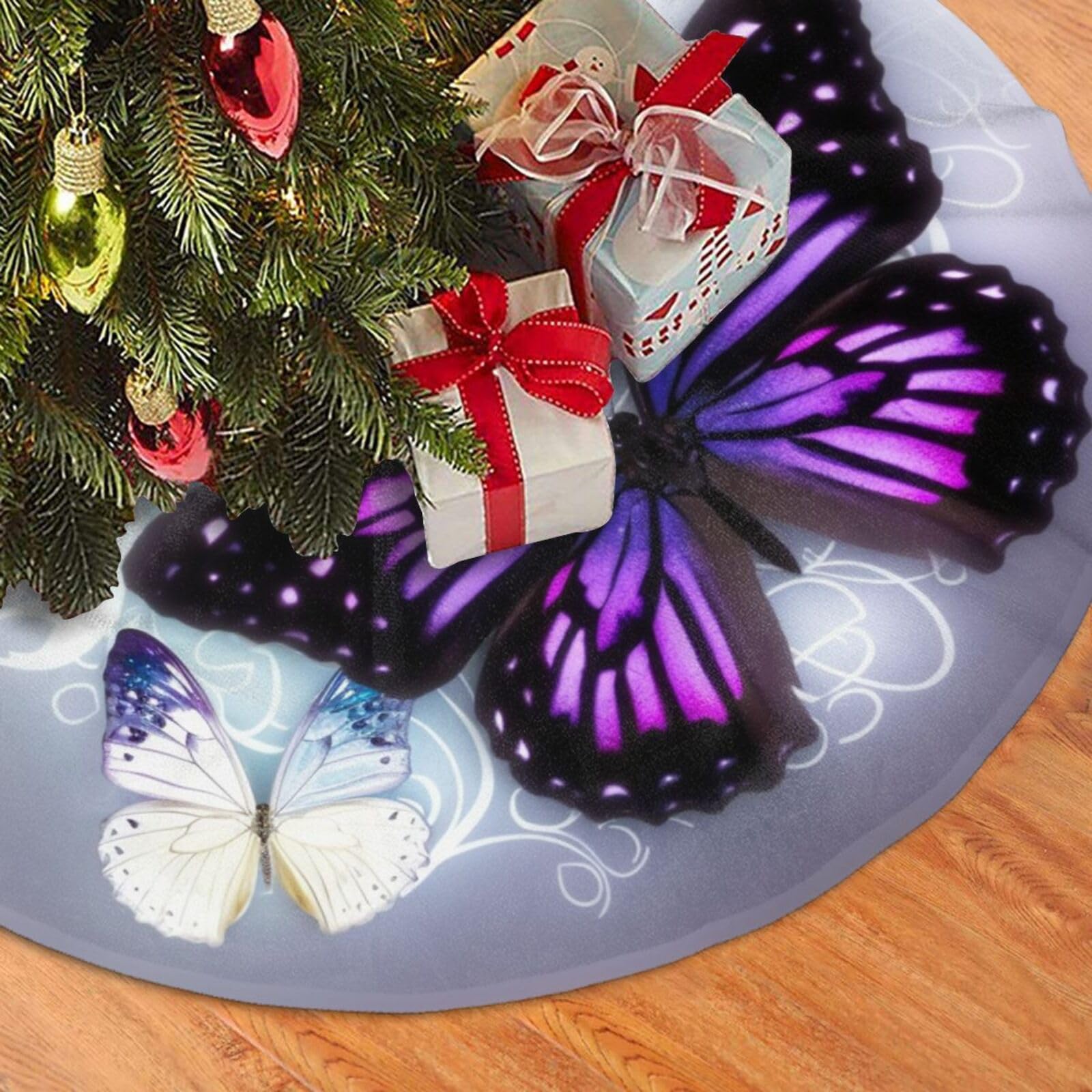 Fodpand Black White Purple Butterflies Christmas Tree Skirt 48" Velvet Xmas Tree Skirt Mat Rustic Christmas Tree Mat Cover Winter Xmas Tree Collar For Indoor Outdoor Christmas Decorations