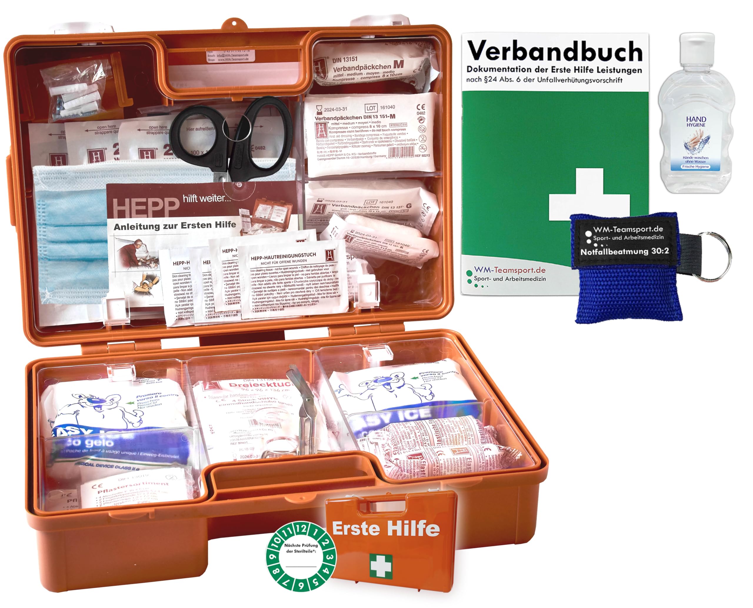 Erste-Hilfe-Koffer M2 für Betriebe nach aktueller DIN/EN 13157 von HM-Arbeitsmedizin mit Beatmungshilfe, Verbandbuch & Hygiene-Ausstattung