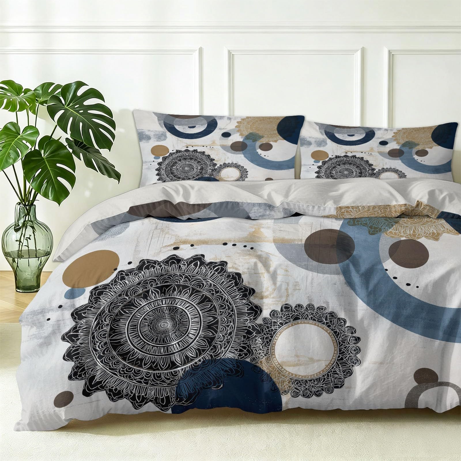 Nowoczesny geometryczny zestaw pościeli 3-częściowy w kółkach, miękka i odporna na zagniecenia poszwa na kołdrę 140 x 200 cm i 2 poszewki na poduszki 80 x 80 cm, 2-osobowy zestaw pościeli z zamkiem