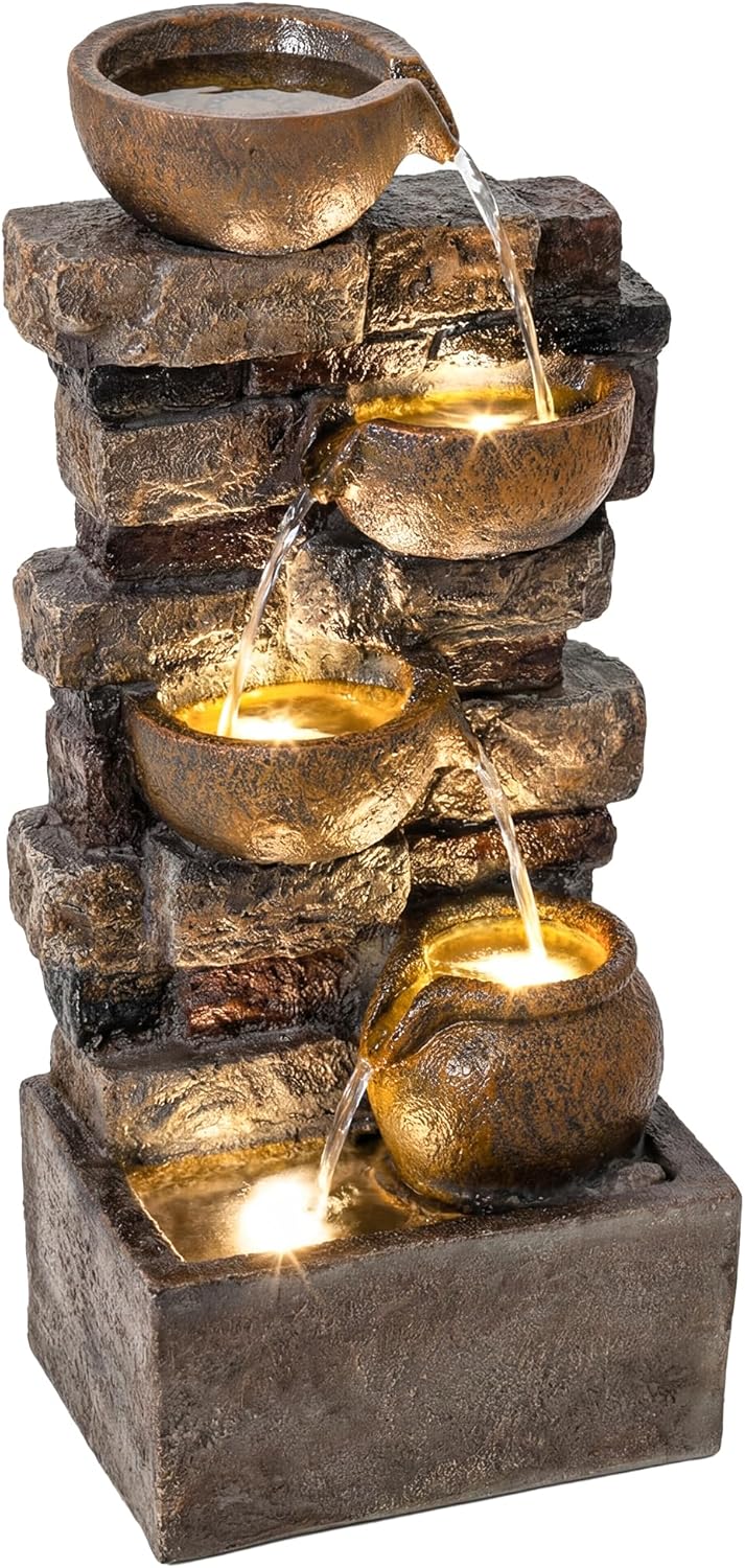 Outsunny 28" Outdoor Fountain with 5-Tier Rustic Jugs and Rock, Cascading Waterfall with LED Lights, Adjustable Flow, Resin Freestanding Garden Fountain for Garden Patio, Rustic Brown