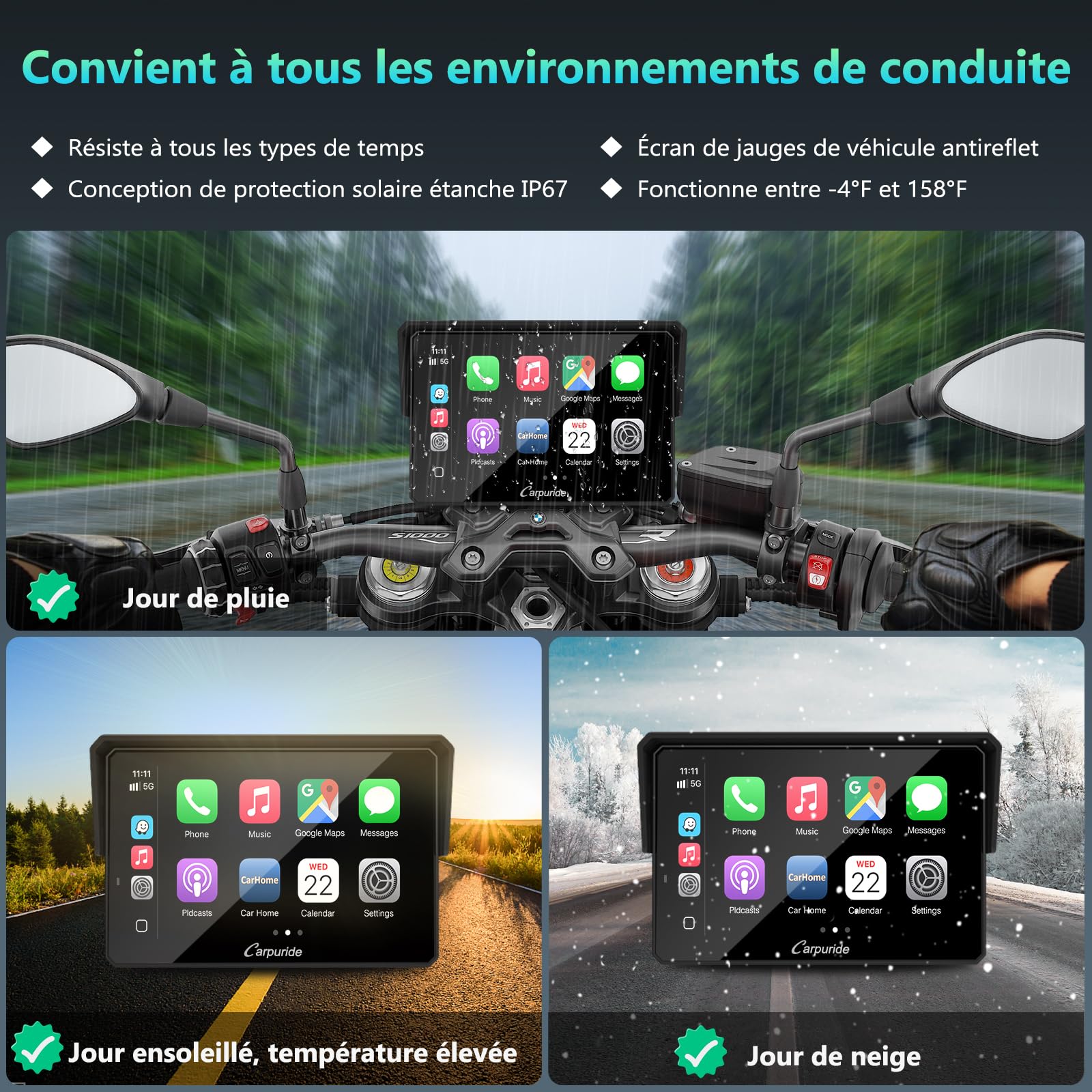 CARPURIDE W502BS Pro pour Moto BMW, CarPlay et Android Auto, Double Bluetooth, écran de Navigation étanche de 5 Pouces, Lecture de Données, Native Wonder, TPMS, Capteur de Lumière, Partage de Musique