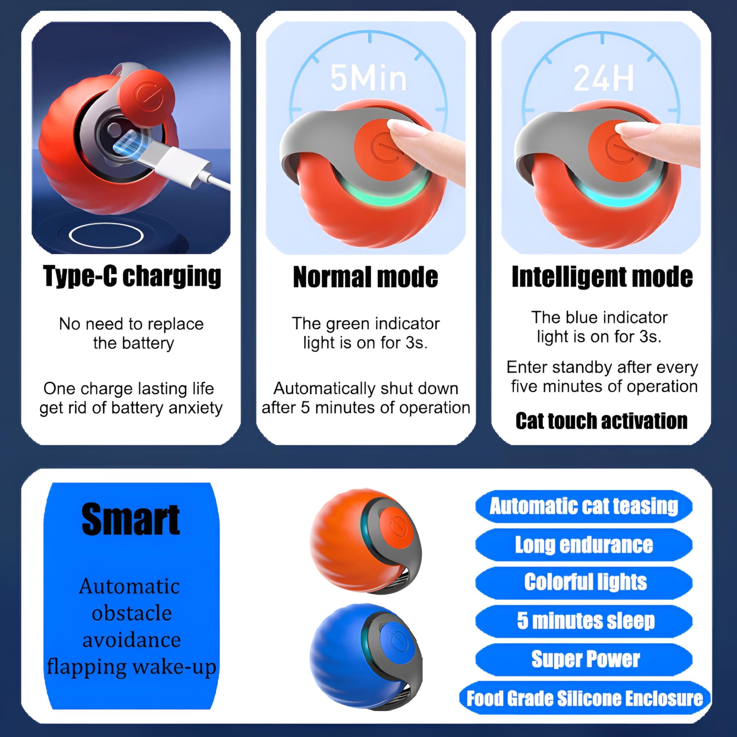 Hsyok 2025 Interactive Cat Toys Ball, Automatic Rolling Adult Cat Toy, Smart Moving Dog Toys for Bored Indoor Outdoor - Motion Activated Cat Toy Power Ball 2.0 Cat Toy (Blue)