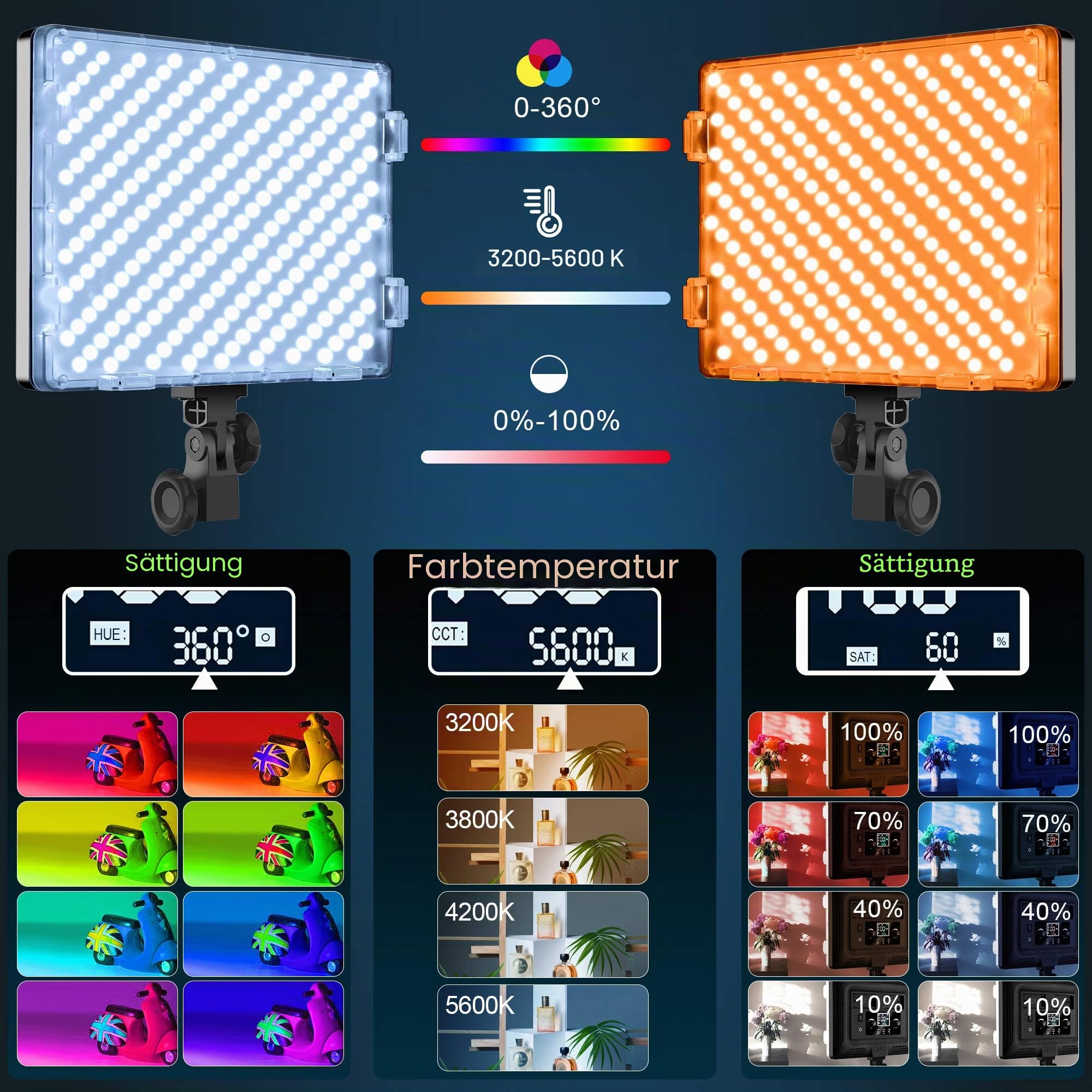 GVM RGB Videolicht Panel mit Lichtstativ Set, 2er Pack 50W LED Fotolicht mit APP Steuerung, 3200K-5600K Studiolicht Fotografie Licht mit 18 Lichteffekt für YouTube Studio Foto Streaming 8000Lux/0,5m
