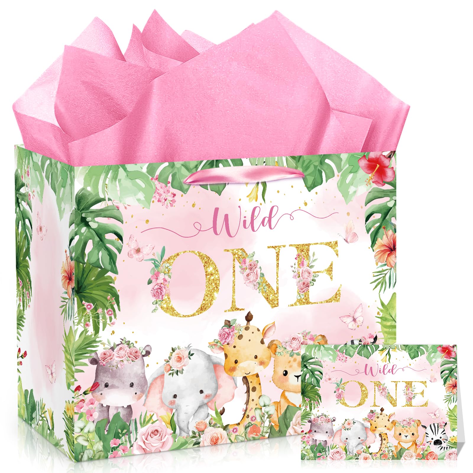 Yomaiha Wild One Birthday Gift Bag 1st Birthday Gift Wrapping Paper Bag Wild One Jungle Safari 1st Birth day Party Bags with Tissue Paper Card