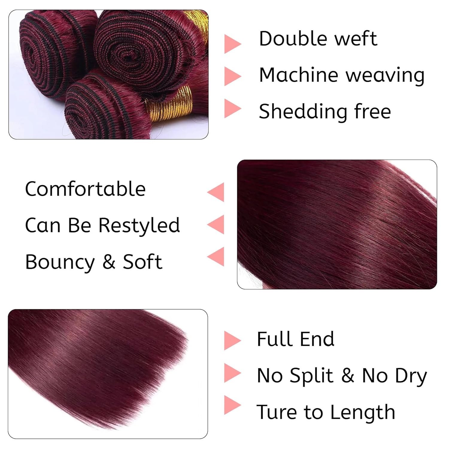 #99J Burgundy Human Hair Bundles Straight Bundles 16 18 20 Inch Wine Red Bundle Unprocessed Brazilian Virgin Hair Extensions 50G/PC 150G Total Quick Weave for Black Women