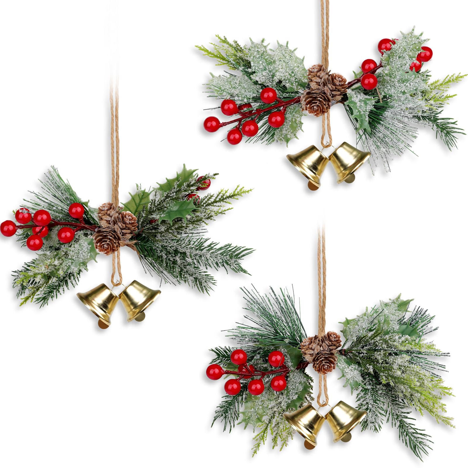 YiYa Christmas Bells Decor Xmas Jingle Bells with Holly Berry Large Hanging Jingle Bells for Christmas Tree Wearth Door Home Decor