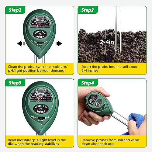 Miniatura 5 de iPower Medidor de suelo, 3 en 1 de luz de humedad para plantas, para jardinería, agricultura en interiores y exteriores, paquete de 2, verde