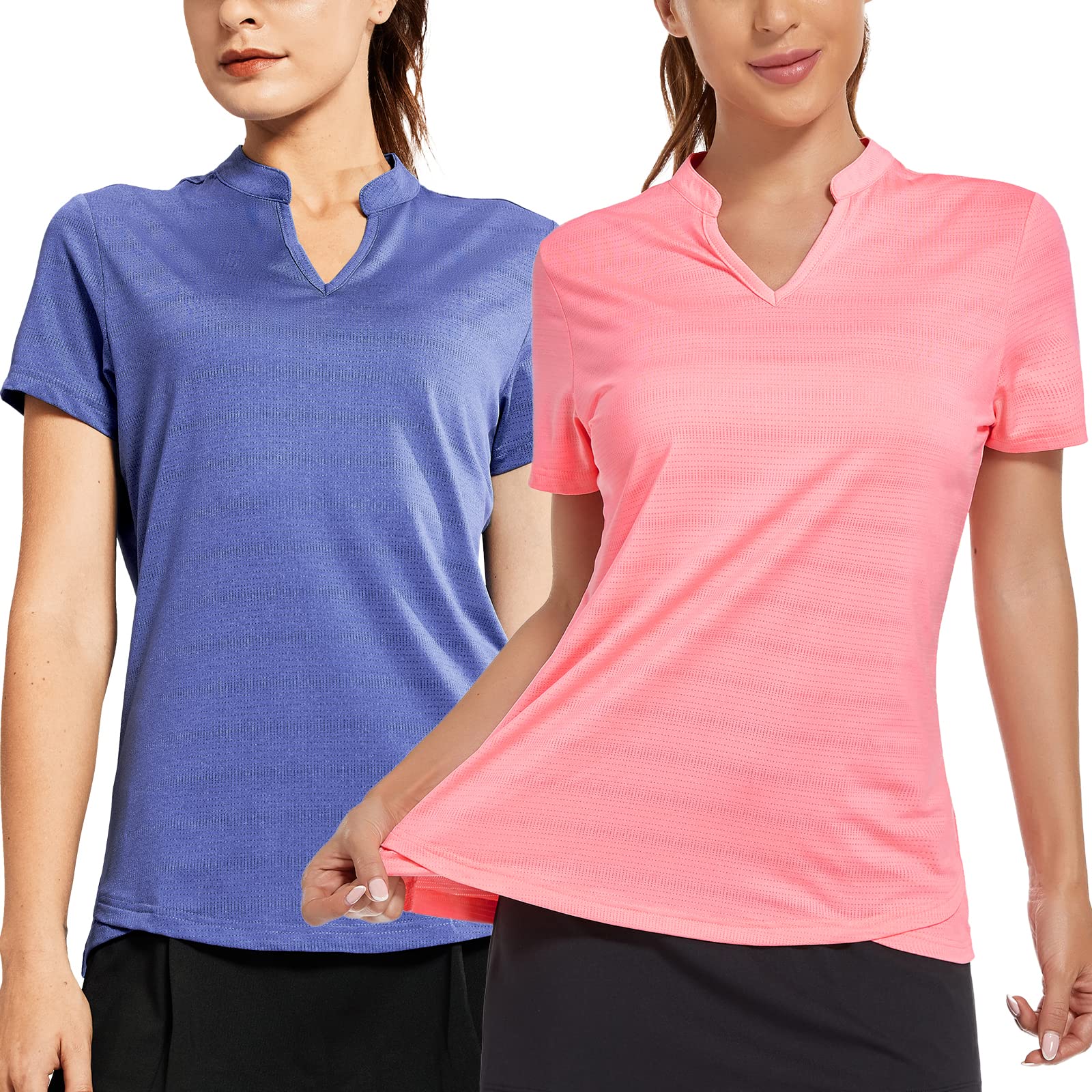 MIER Women's Golf Polo Shirts Collarless Short Sleeve Tennis Running T-Shirts V-Neck Cooling Summer Tee