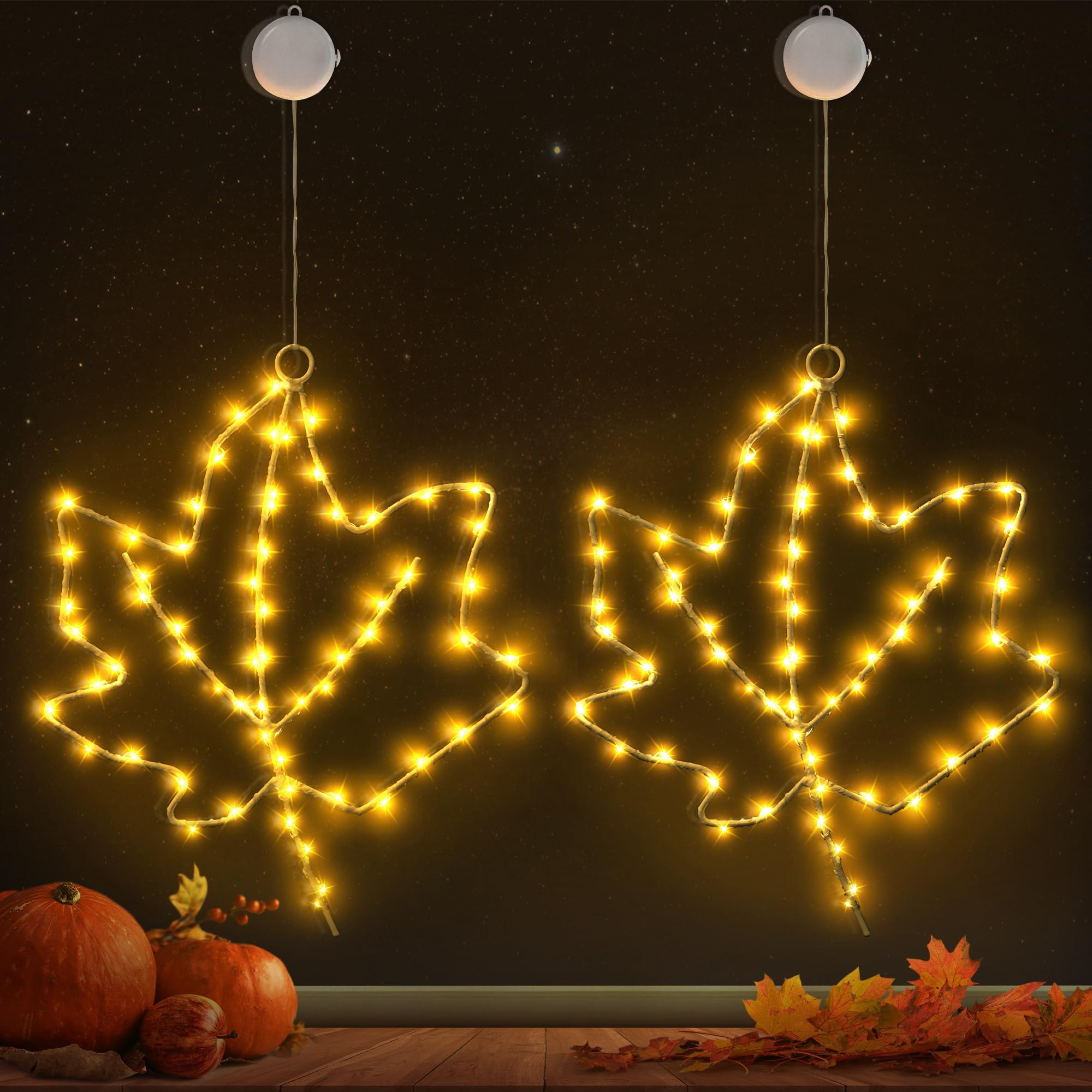 BlcTec Fall Decorations for Home, 2 Pack Thanksgiving Window Lights with Suction Cup, Timer, Battery Operated Durable Metal Frame Silhouette Lights for Home Window Wall Fall Thanksgiving Décor, Orange