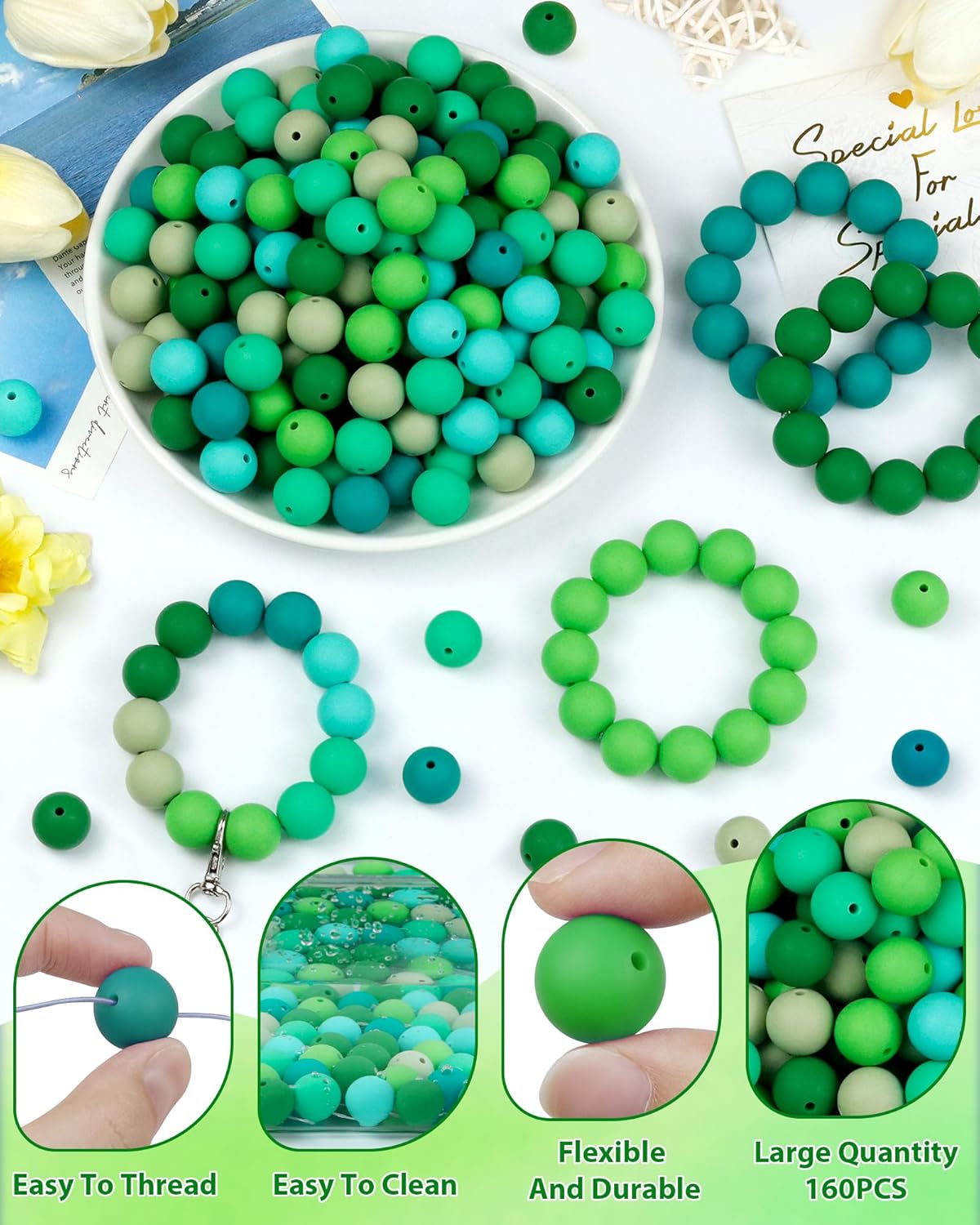 160PCS FIVEIZERO 15mm Silicone Beads for Keychain Making - Mixed Color Round Rubber Beads Bulk, DIY Craft Supplies for Bracelets Necklaces Pens(Green) - Image 3