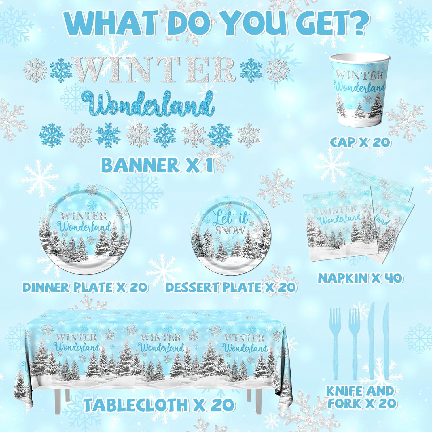 Winter Party Plates and Napkins,Blue Winter Wonderland Decorations Tableware 142pcs Snowflake Napkins and Plates Cups Tablecloth Banner for boy Winter Wonderland Birthday Decorations