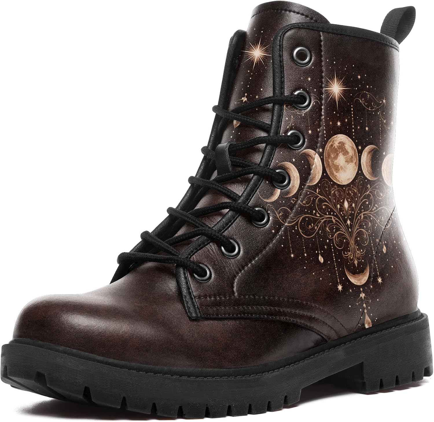 Moon Phase Graphic Combat Boots for Women, Black Lace-Up Street Ankle Boots Witchy Platform Booties