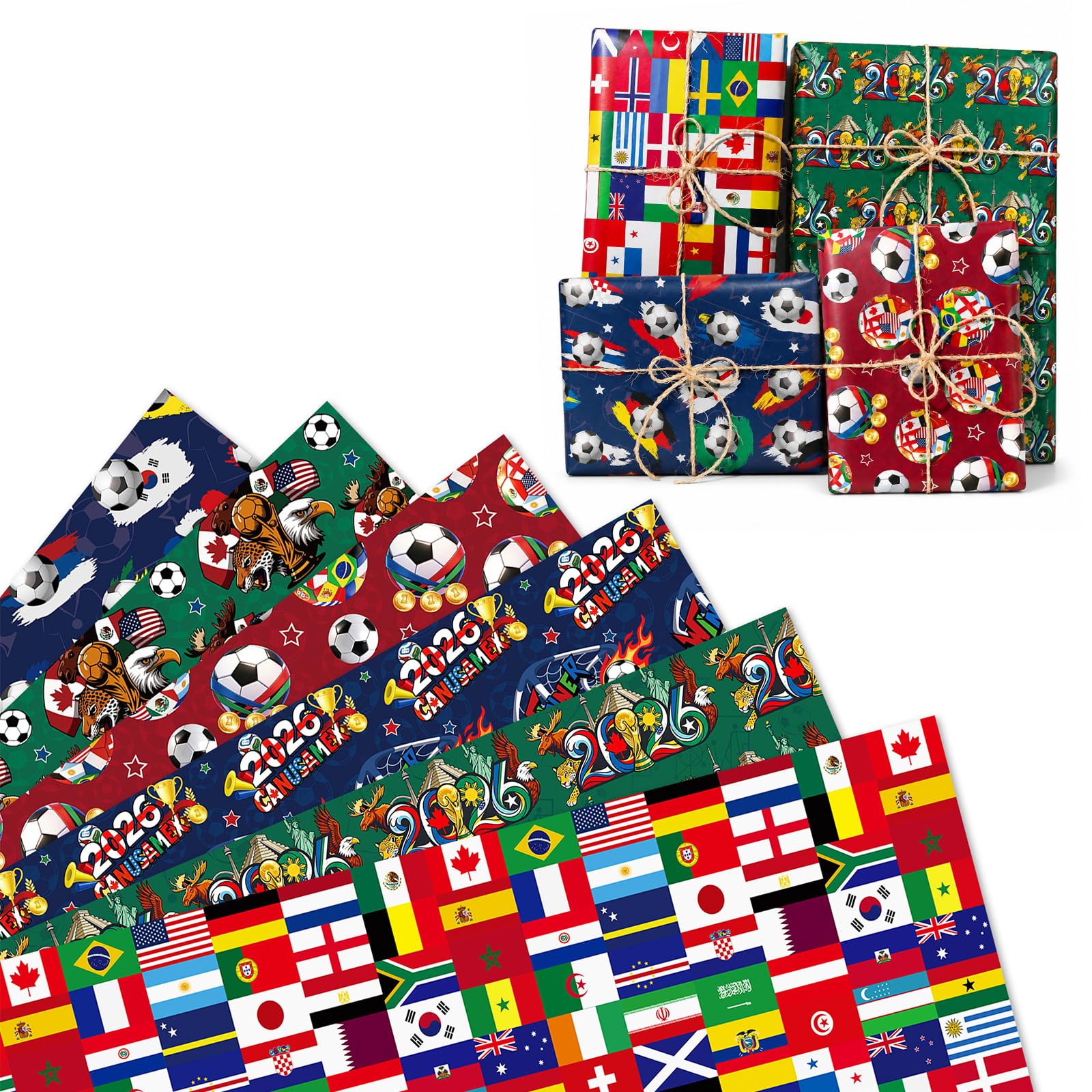 6 Sheets Football Birthday Wrapping Paper, Sports Football Themed Birthday Gift Wrap Sheets for Young Fans and Men Boy, Present Packing Decor for Soccer Celebrations Party Favours