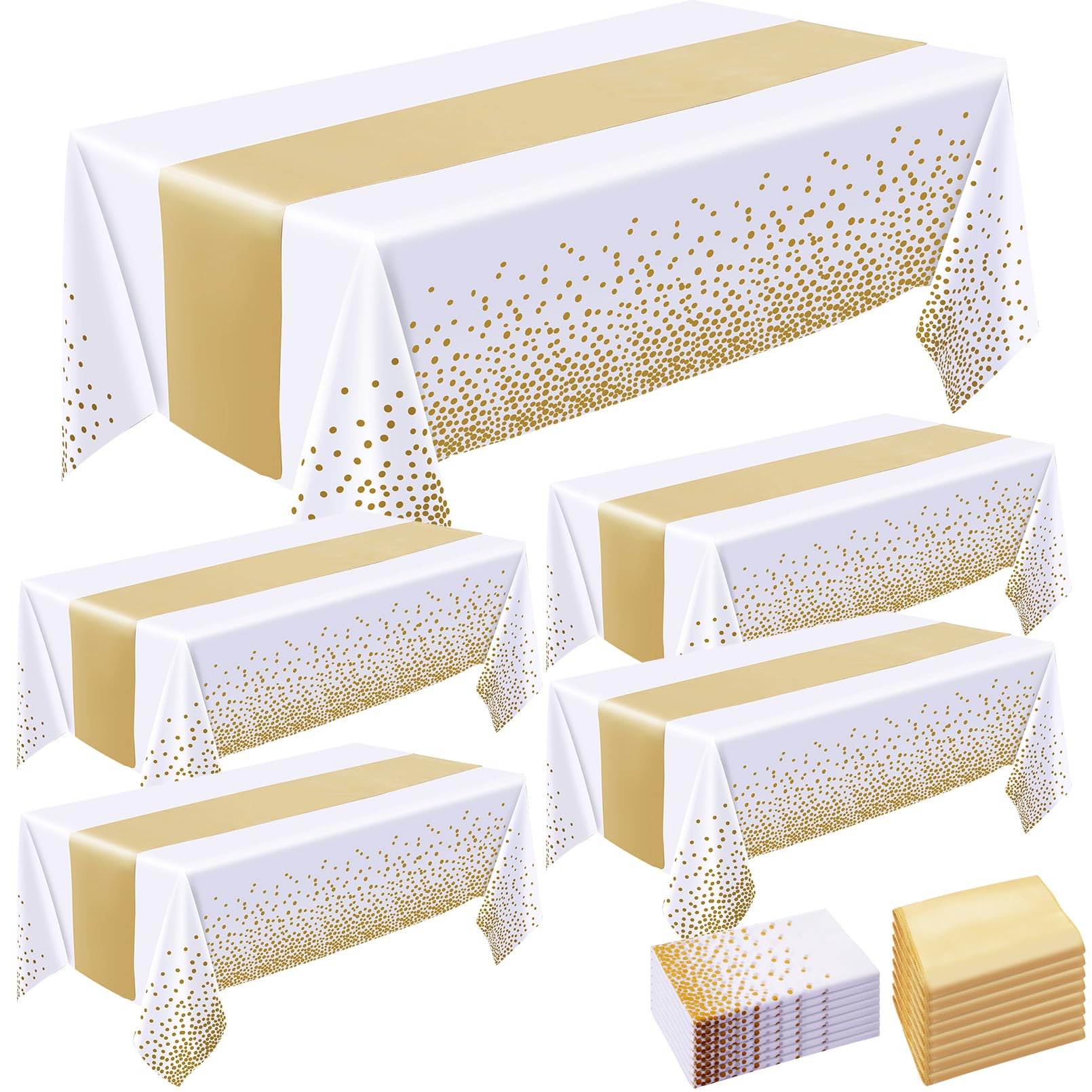 Incisite 8 Pack Tablecloths and Satin Table Runner,4 White and Gold Dot Tablecloth 54x108 In,4 Gold Satin Table Runner 11x108 In,Disposable Plastic Table Cloths for Party Wedding Birthday Anniversary