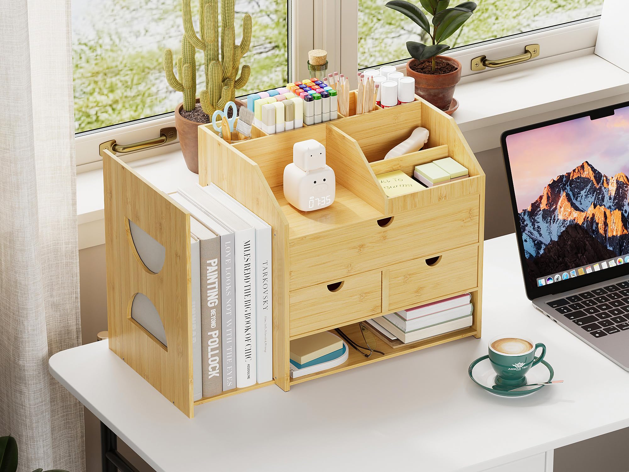 Trironsun Bamboo Desktop Organizer with 3 Drawers 4 Tier Tabletop Organization Box with Adjustable File Book Holder A4 Full Size Drawer for Office Home