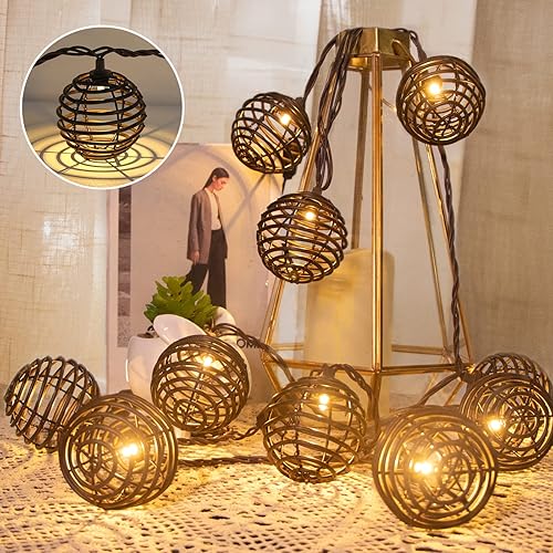 Decorativo tira de luces de bola de ratán con 10 bombillas LED enchufables para decoración de patio, jardín, patio, fiesta, 9.84 pies