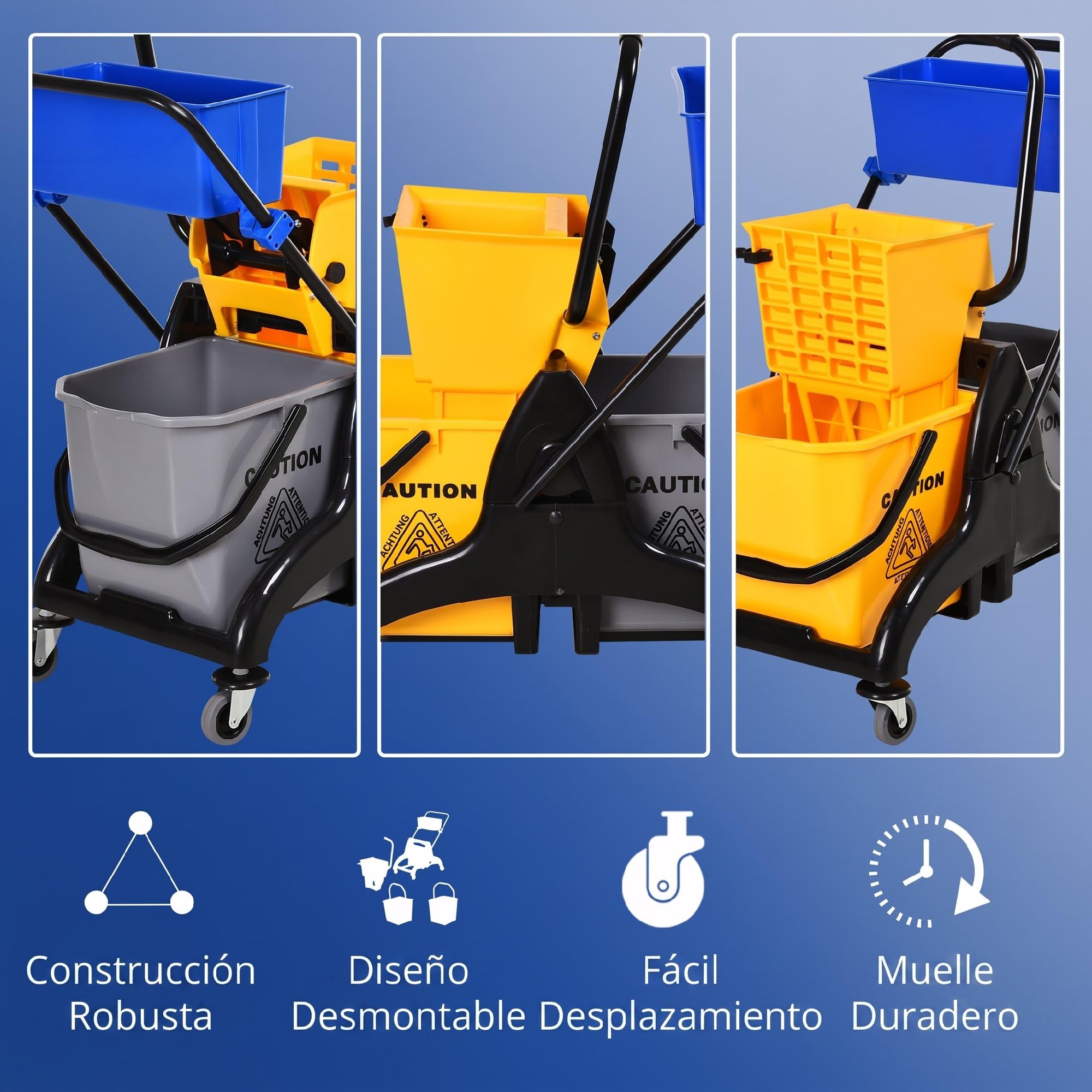 HOMCOM Cubo de Fregona con Ruedas, 26 L, Cubo de Fregar con Sistema de Escurridor de Presión Lateral, Asa de Transporte y Doble Cubetas Separadas para Doméstico y Comercial, Amarillo y Azul