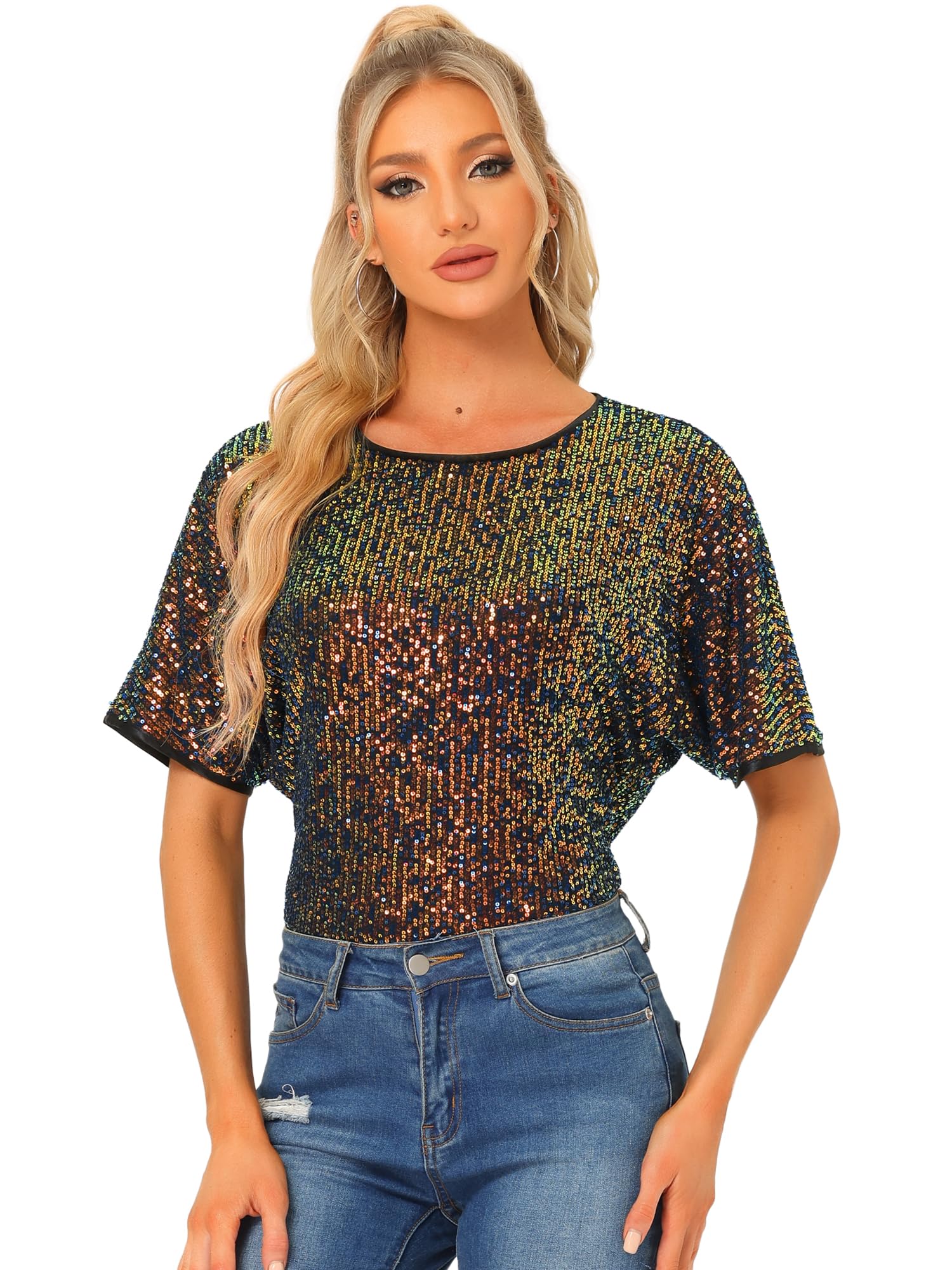 Allegra K Sequin Tops for Women's Sparkly Dolman Sleeve Disco Party Oversize Bling Glitter Blouse