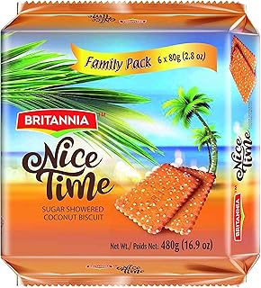 Britannia Nice Time 16.9oz (480g) - Delicious Coconut Biscuit Crunchy - Kids Favorite Breakfast & Tea Time Snacks (Pack of 1)