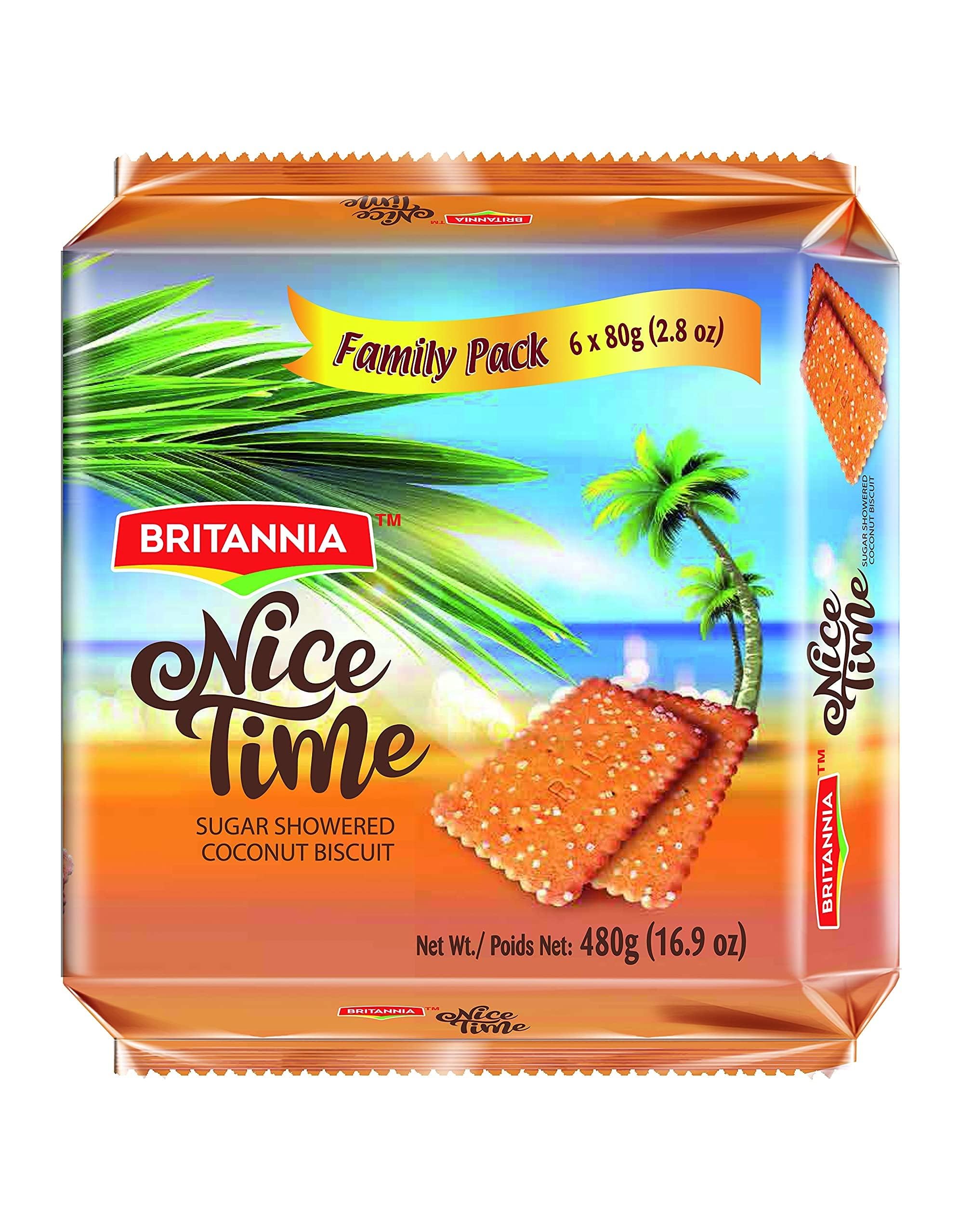 Britannia Nice Time 16.9oz (480g) - Delicious Coconut Biscuit Crunchy - Kids Favorite Breakfast & Tea Time Snacks (Pack of 1)