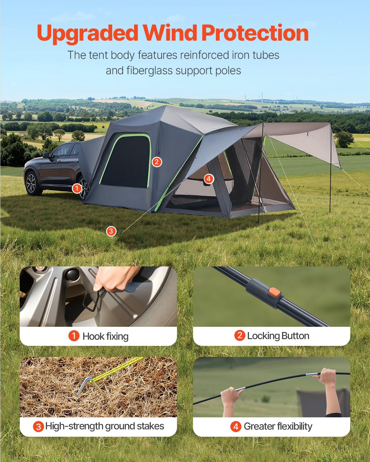 VEVOR SUV-Zelt Camping Auto-Zelt (305 x 310 x 230 cm) wasserdichtes PU2000 geräumiges Doppelschicht-Design für 5-8 Personen, SUV-Campingzelt mit Schattenmarkise & Netzfenstern & Regendach & Tasche