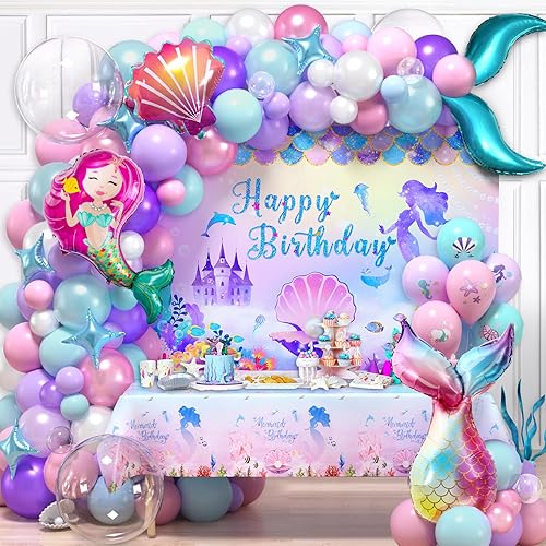 Winrayk Decoraciones de fiesta de Sirenita suministros de cumpleaños para niñas, arco de globos rosa morado y mantel de telón de fondo y globo de