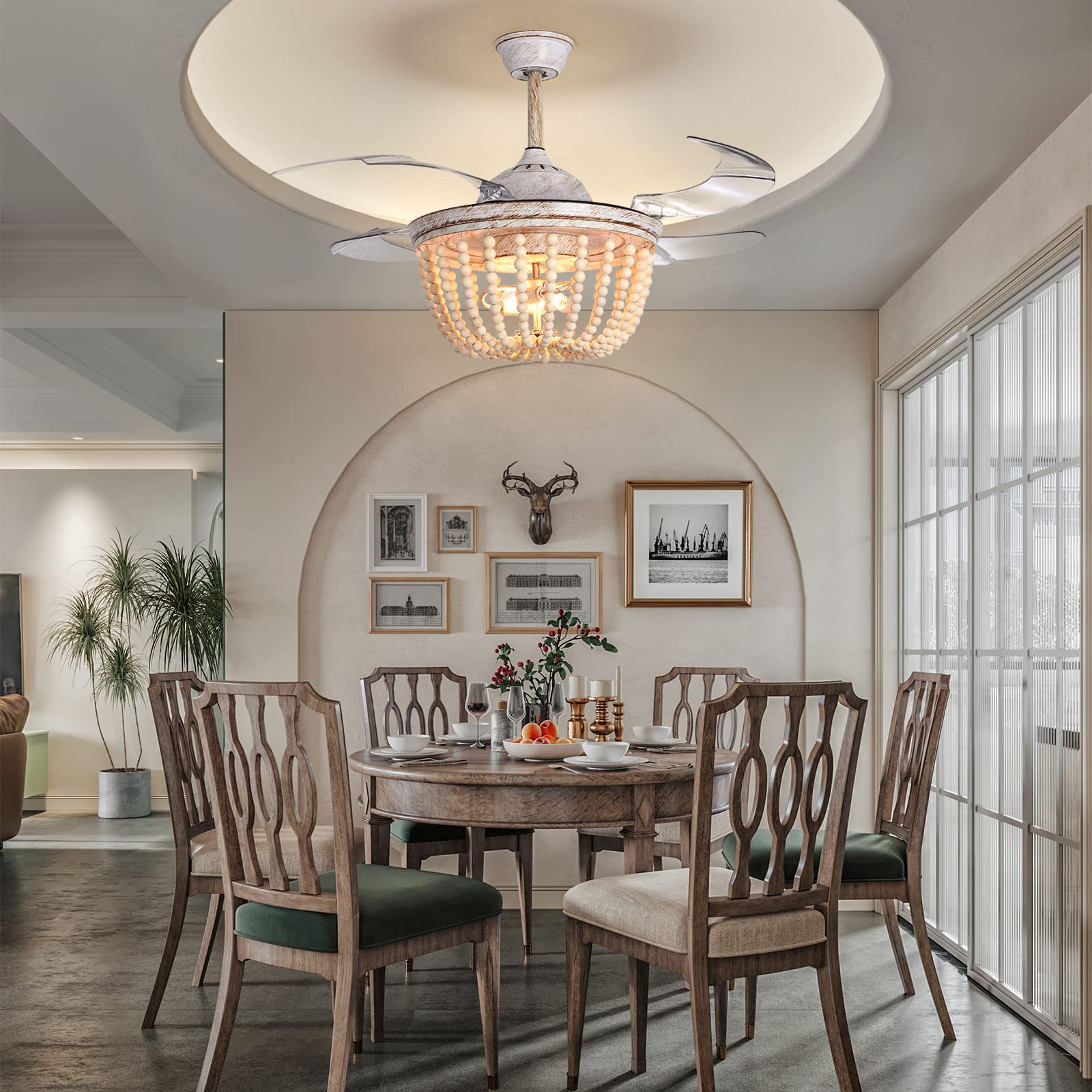 42'' BoHo Wood Bead Ceiling Fan with Light? Retractable Fandelier Ceiling Fan with Remote?Reversible 3 Timing Options?6 Speeds Farmhouse Chandlier Fan for Bedroom, Dining Room