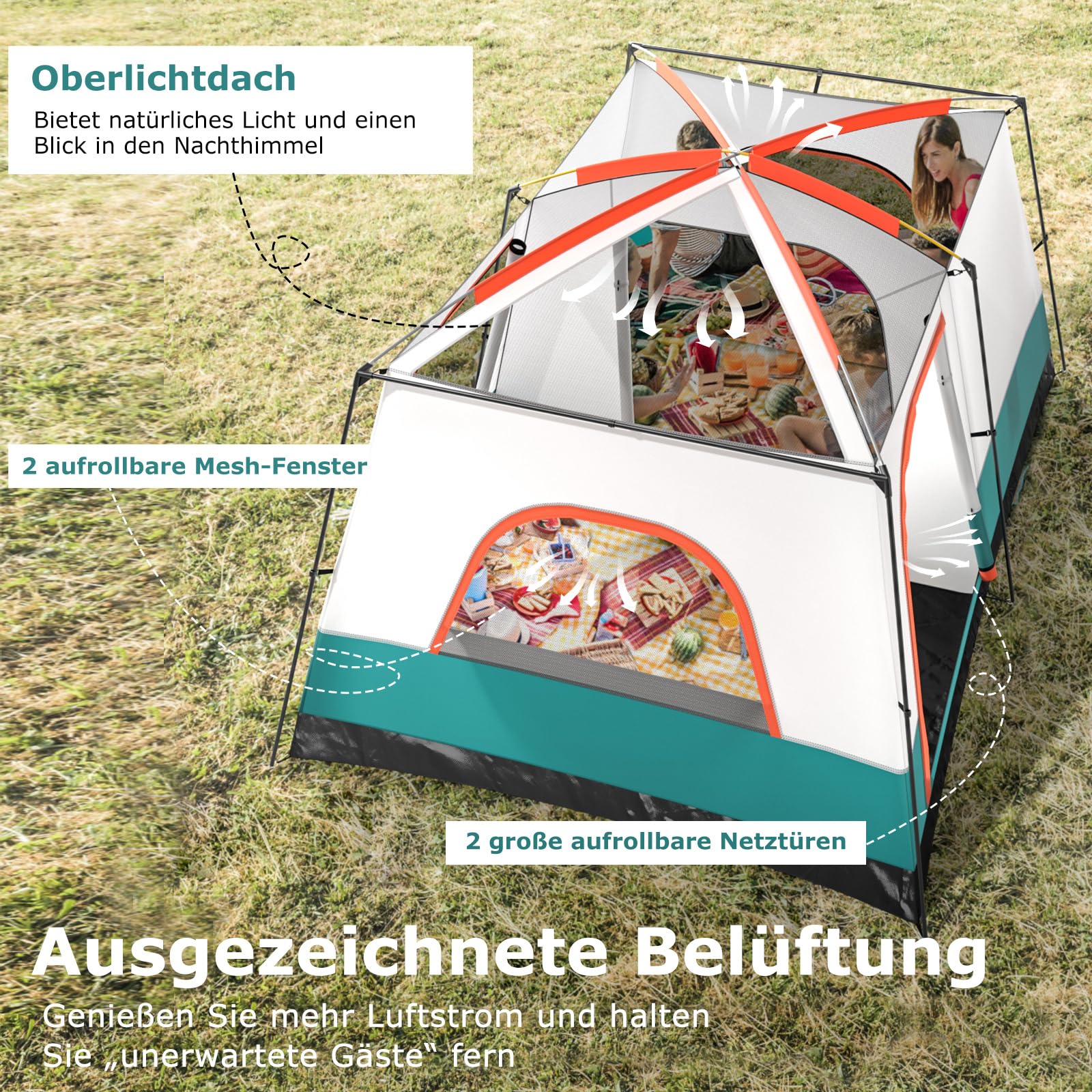 FANTASK Zelt groß mit Vorzelt & Boden, 4-6 Personen Campingzelt, 2 Räumen & 2 Eingänge, Tunnelzelt inkl. abnehmbarem Dach & Tragetasche, Grün
