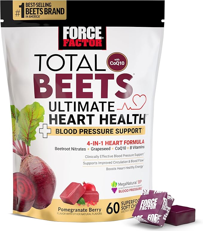 FORCE FACTOR Total Beets Ultimate Heart Health Chews for Blood Pressure Support, with Beetroot Powder, CoQ10, B Vitamins & Grapeseed Extract for Blood Flow & Energy, Pomegranate Berry, 60 Soft Chews