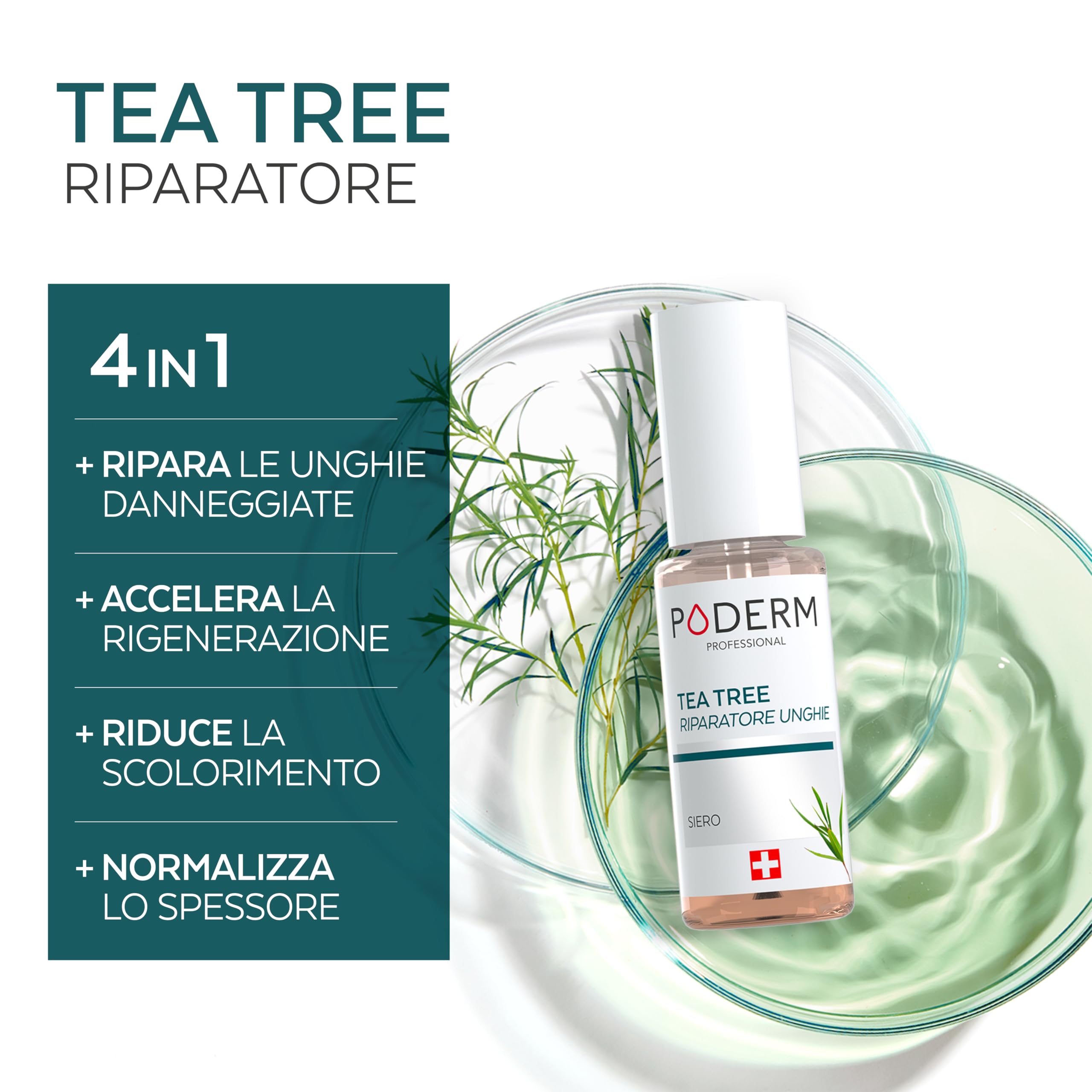 PODERM Tea Tree Riparatore Unghie 6 ml – Siero 4-in-1 | Migliora l’aspetto delle unghie danneggiate, ingiallite e spente – Uniforma lo spessore – Risultati visibili dal primo giorno – Swiss Made
