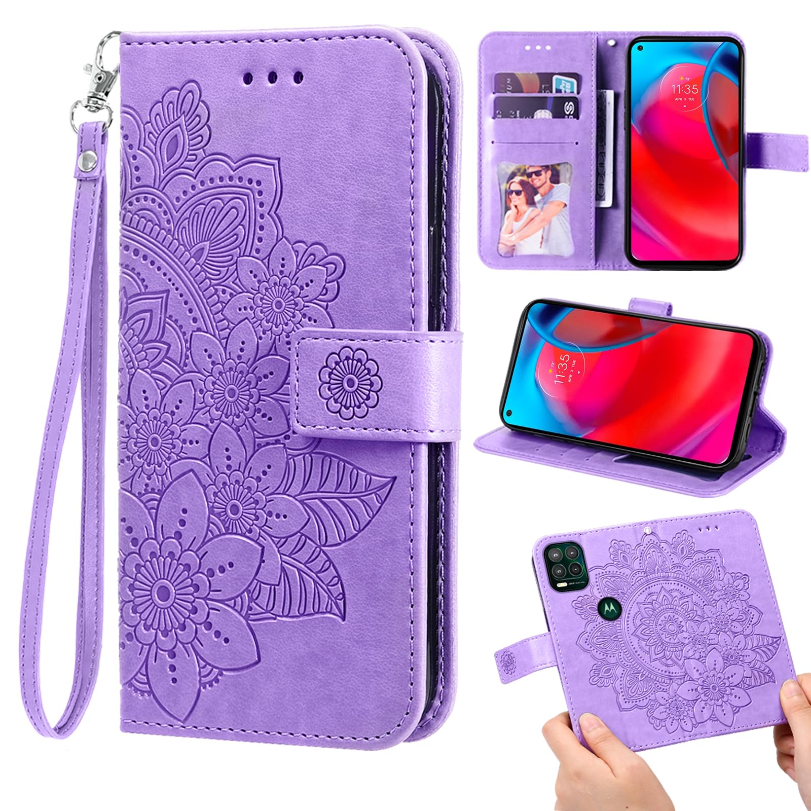 Furill Compatible with Moto G Stylus 5G 2021 Wallet Case and Wrist Strap Protector Flower Leather Flip Credit Card Holder ...