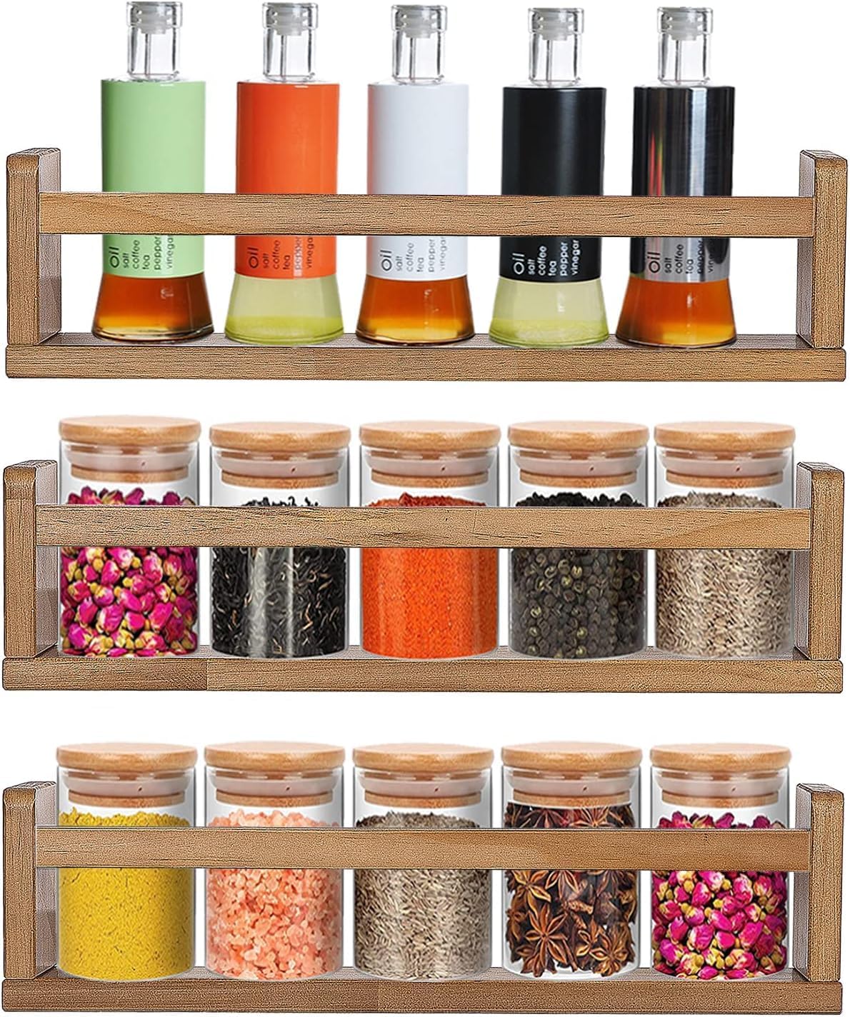 Hamdan Wood Wall Mounted Spice Rack Organiser, 3 Floating Shelves Storage For Pantry Cabinet Door, Durable Hanging Kitchen Organiser-Rustic Walnut