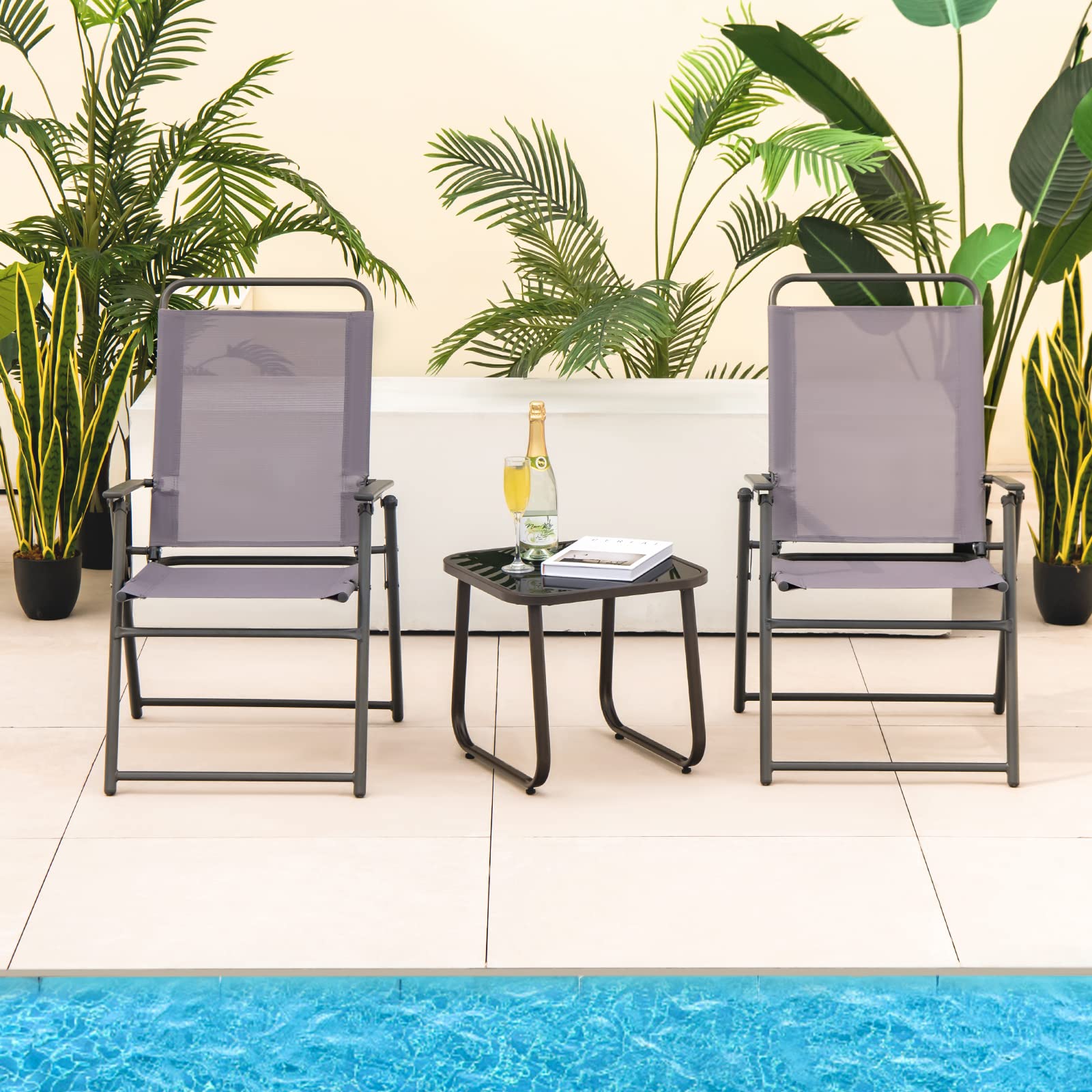 RELAX4LIFE Set di 2 Sedie Pieghevoli, Sedie da Giardino in Tessuto Traspirante, Braccioli e Poggiapiedi, Struttura in Metallo, Senza Montaggio, Portatili per Esterno, Max 150KG (Grigio, 59x50,5x93cm)
