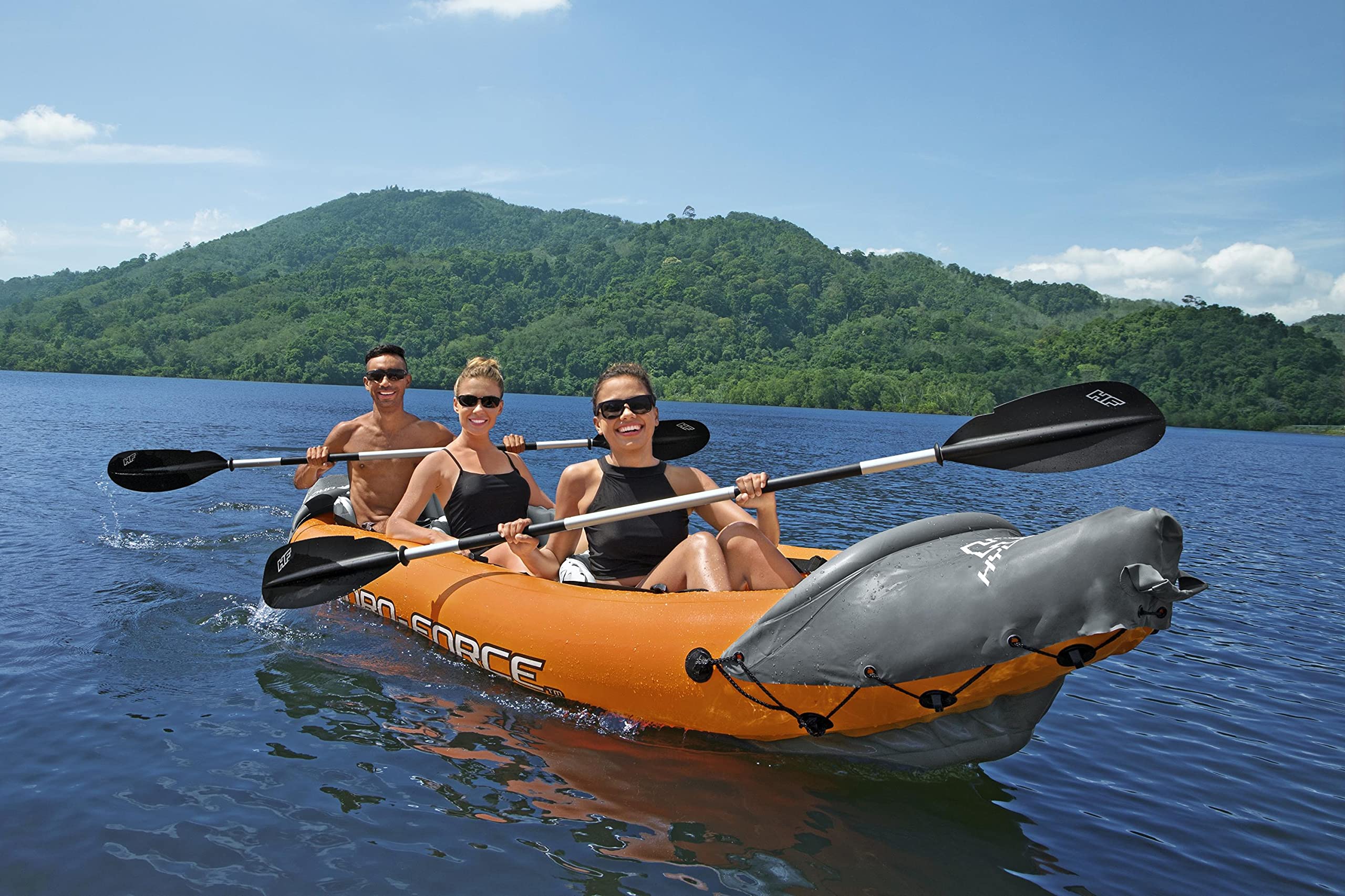 Bestway | Hydro-Force Rapid X3 Kayak| Inflatable Boat Set with Hand Pump, Paddles, Seats, Fins and Storage Bag | Three Seater