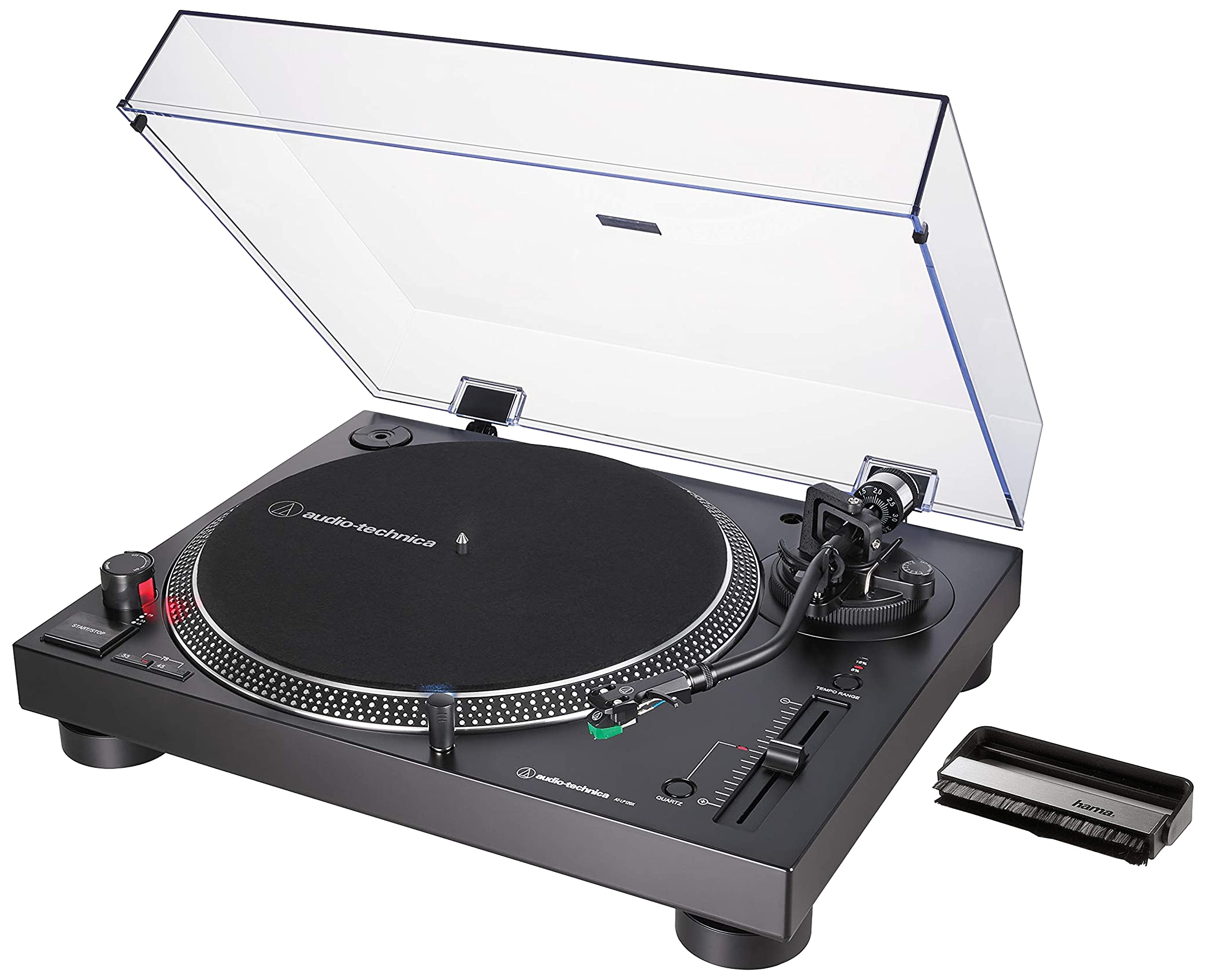 Audio-Technica AT-LP120X, Tocadiscos de Tracción Directa, Negro + Hama Cepillo de Fibras de Carbono para Vinilos (Limpieza Antiestática), Negro/Plata