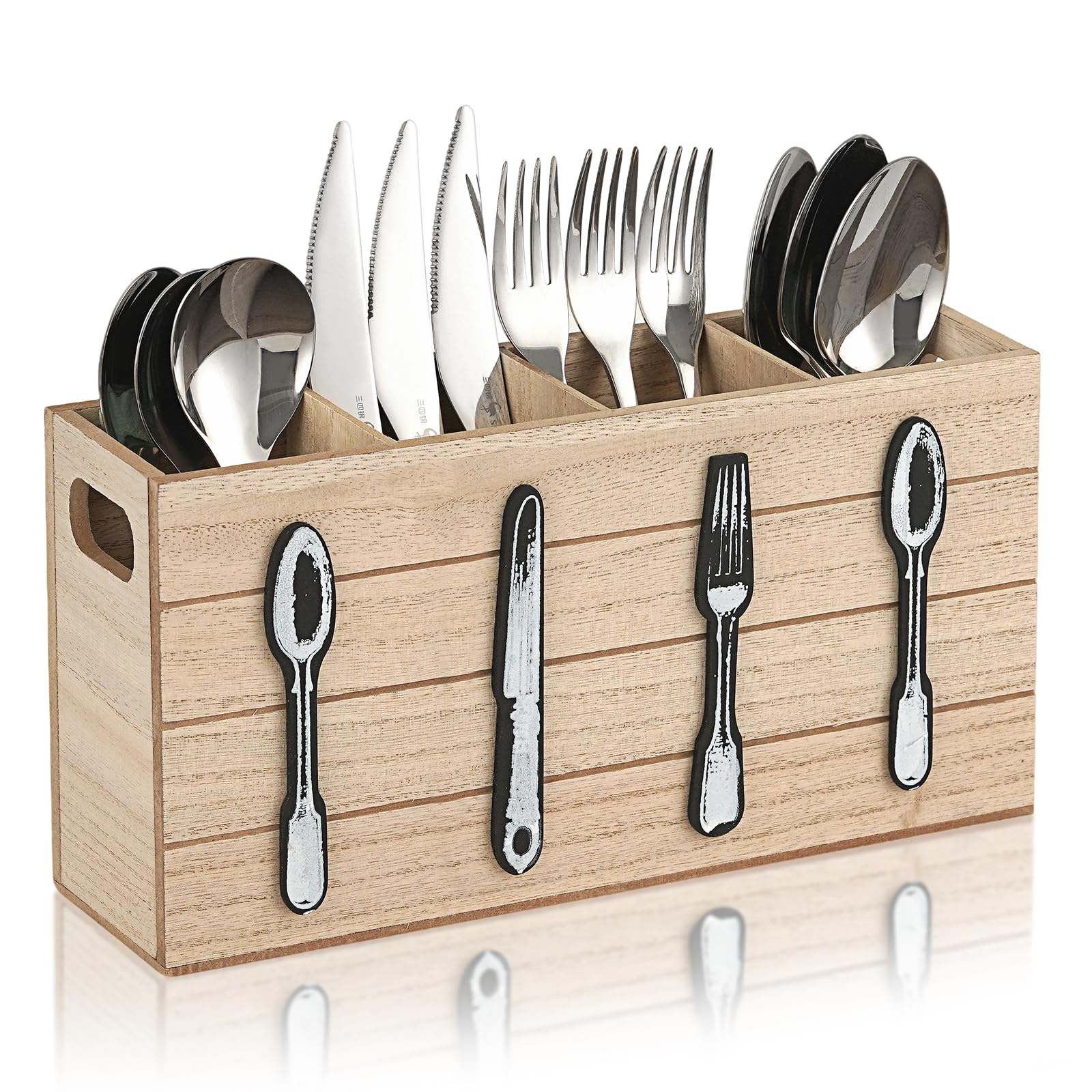 Rustikaler 4-Fächer Besteckhalter aus Holz | Platzsparender Besteckständer für Esstisch | Besteckaufbewahrung für Zuhause, Party, Restaurant & Buffet