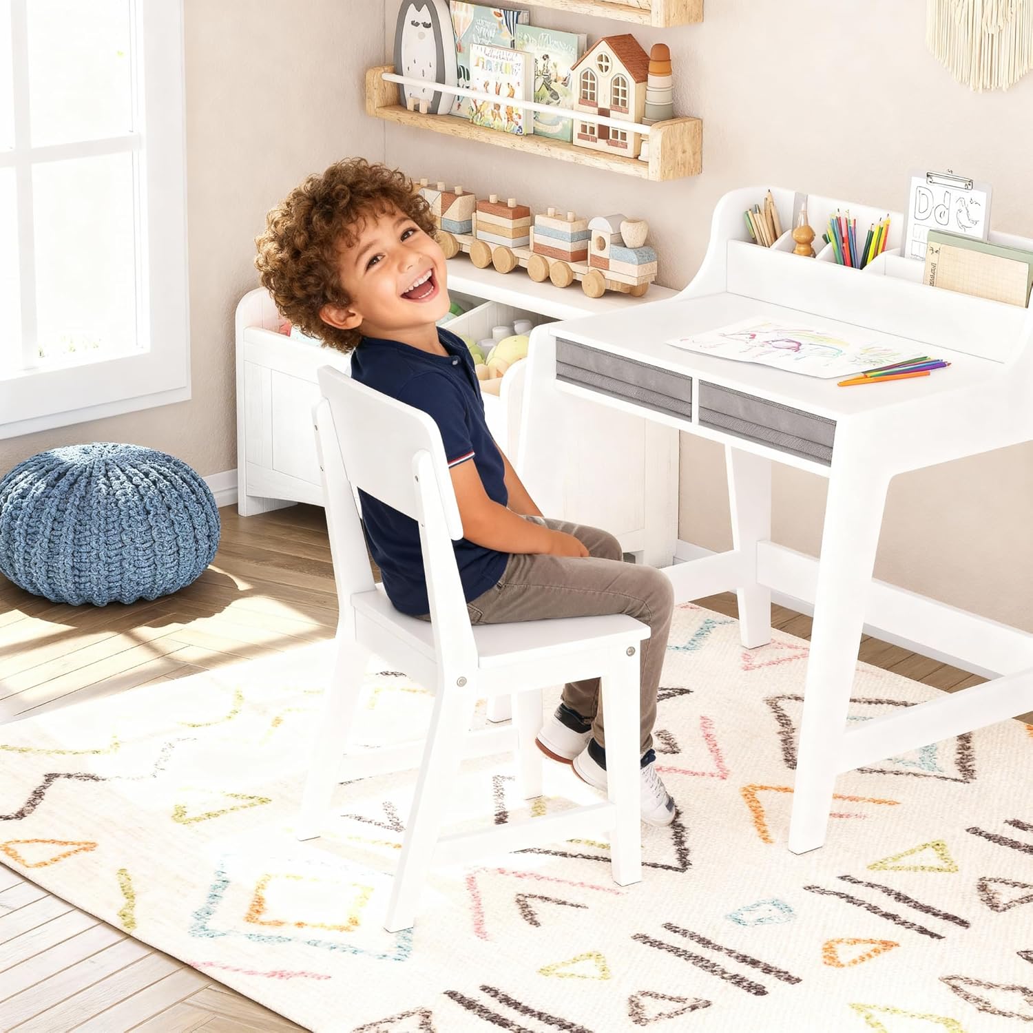 UTEX Kids Desk and Chair Set, Study Desk for Kids with Storage Bins, Wooden Children Study Table, Student Writing Desk for Bedroom & Study Room (2 Fabric Drawers)