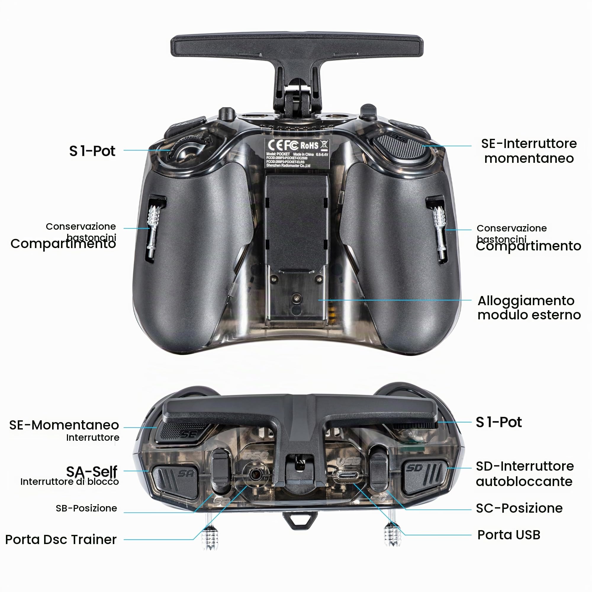 Telecomando Radiomaster Pocket ELRS - Trasmettitore EdgeTX Portatile con Joystick ad Effetto Hall e Luce LED, Compatibile con droni FPV/elicotteri RC, auto RC, barche RC e multirotori