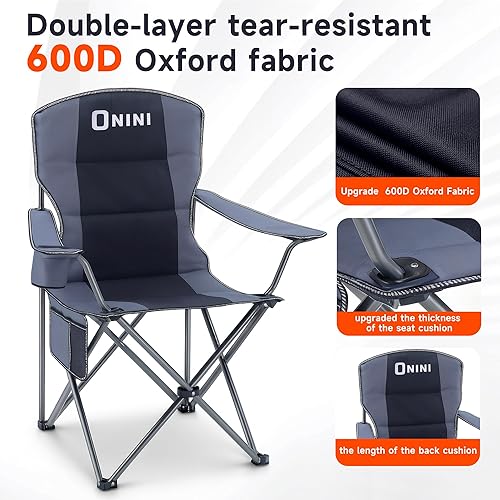 Miniatura 3 de Onini Silla de camping plegable de gran tamaño resistente acolchada para exteriores con taza, almacenamiento de soporte para playa, pesca, viajes,