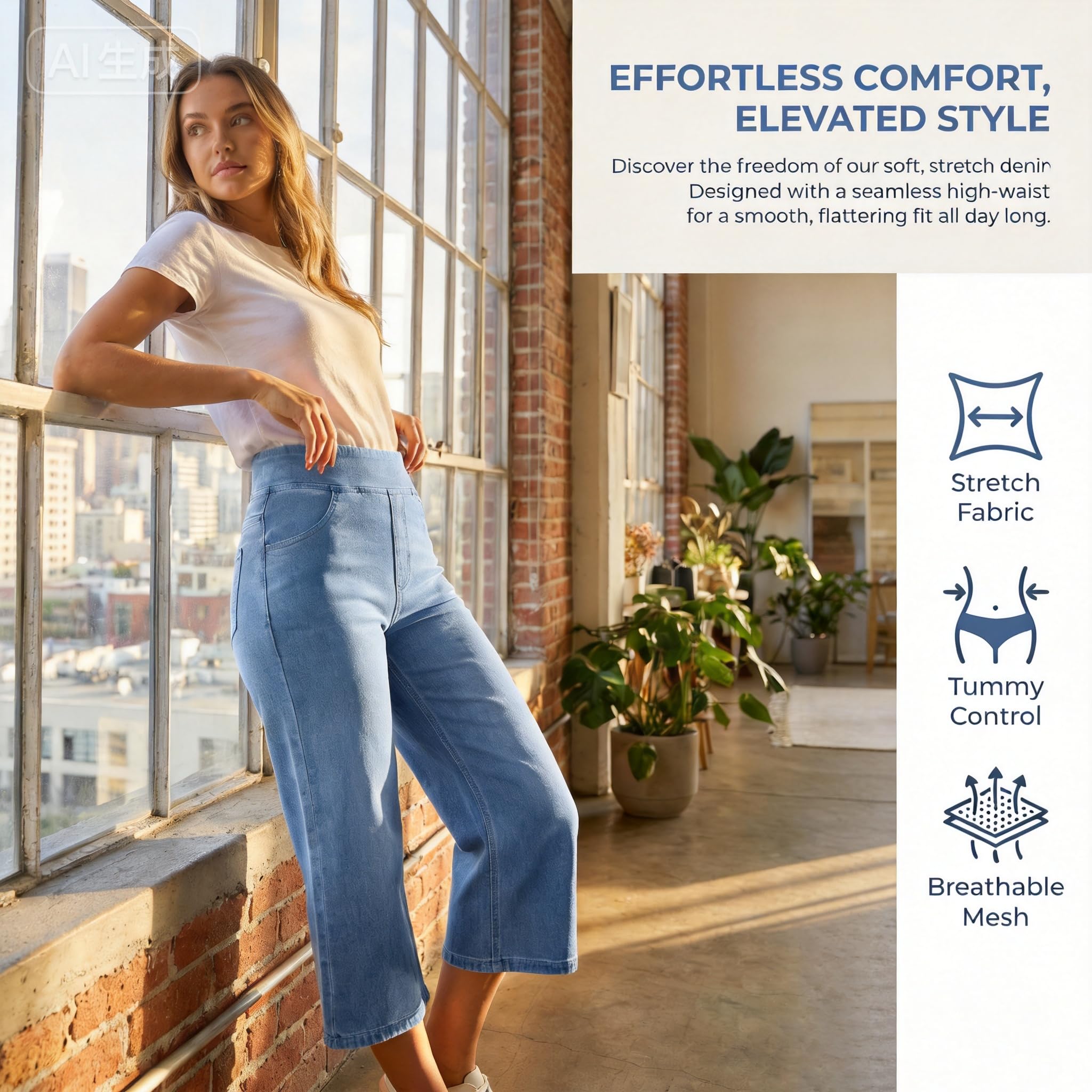 Générique Jean Femme Taille Elastique 7/8 Jeans Elastique Femme Jean Push Up Slim Pantalon Taille Haute Décontracté Jeans Coupe Droite Pantacourt Y2k éTé Essentials