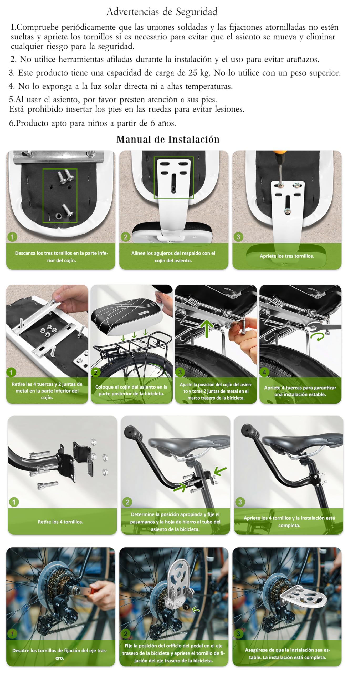 auvstar Cojín para Asiento Trasero de Bicicleta,Asiento Trasero de Bicicleta de montaña,Asiento Trasero de vehículo eléctrico,cojín para Asiento Trasero, Incluye cojín y reposapiés